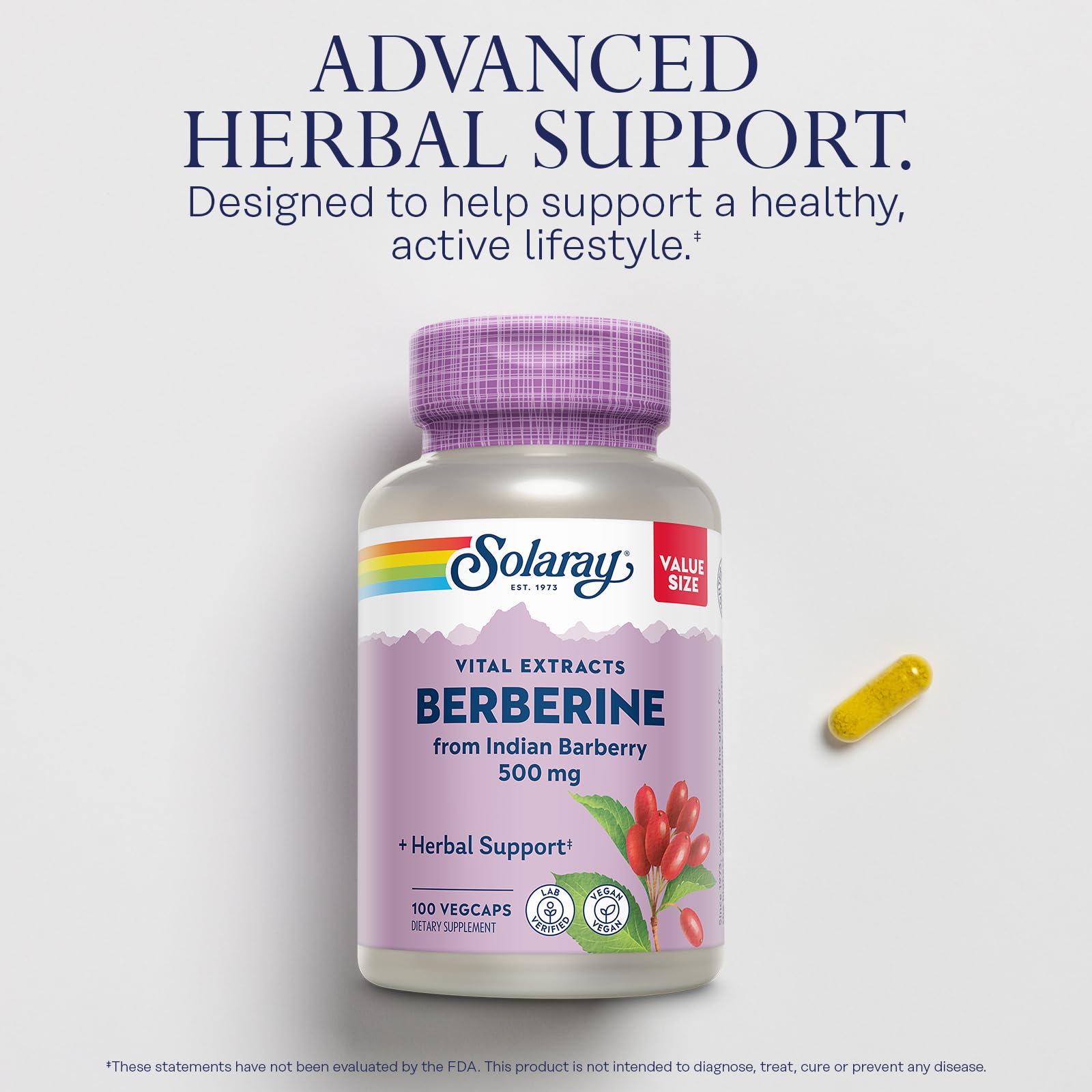 SOLARAY Berberine HCl 500mg supplement bottle with cap
