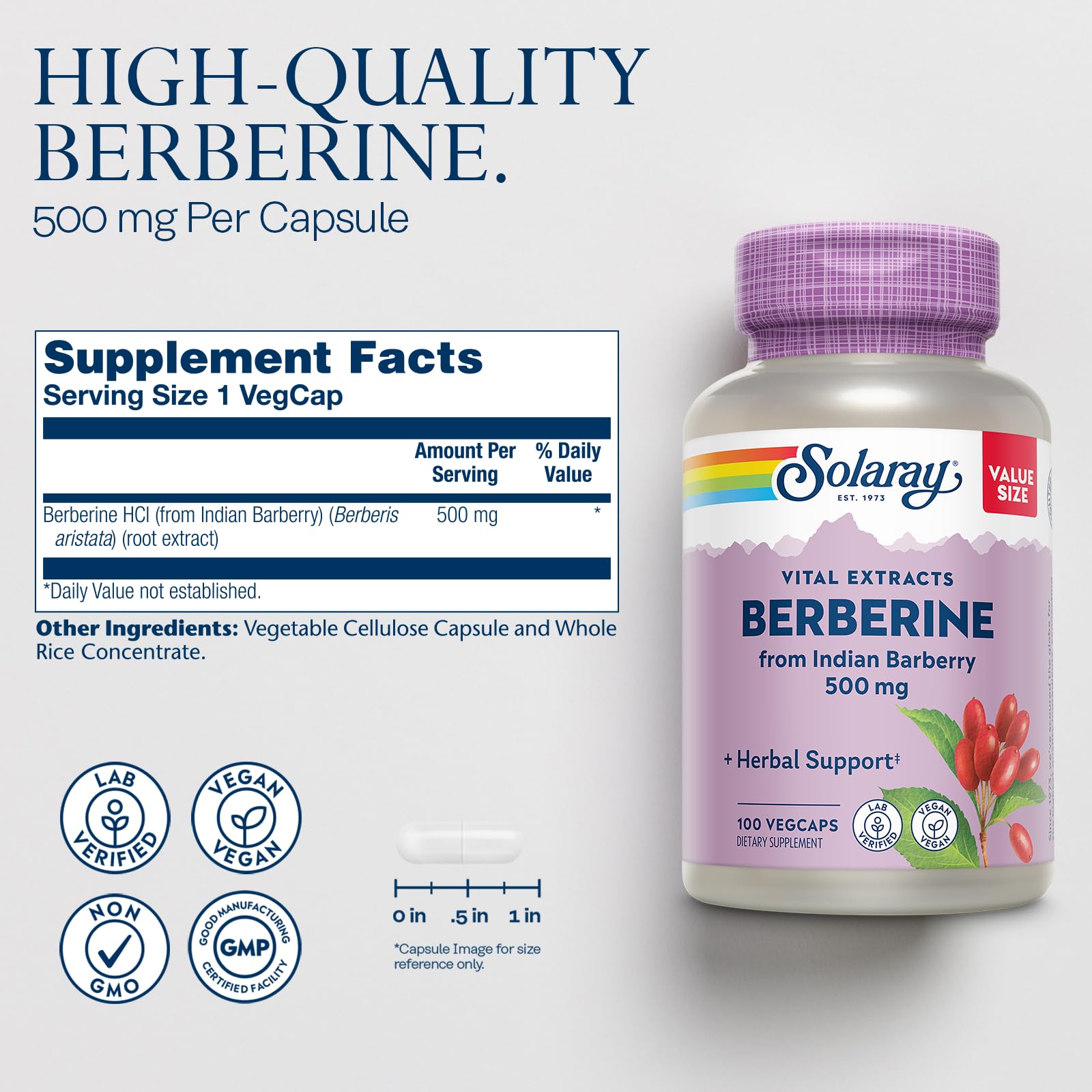 SOLARAY Berberine HCl 500mg supplement side view