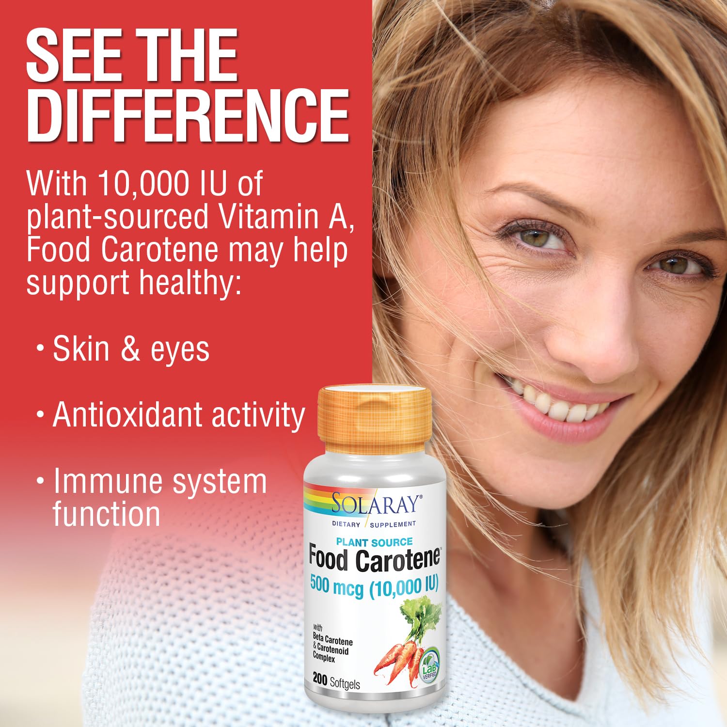 SOLARAY Beta Carotene Softgels in hand for size reference