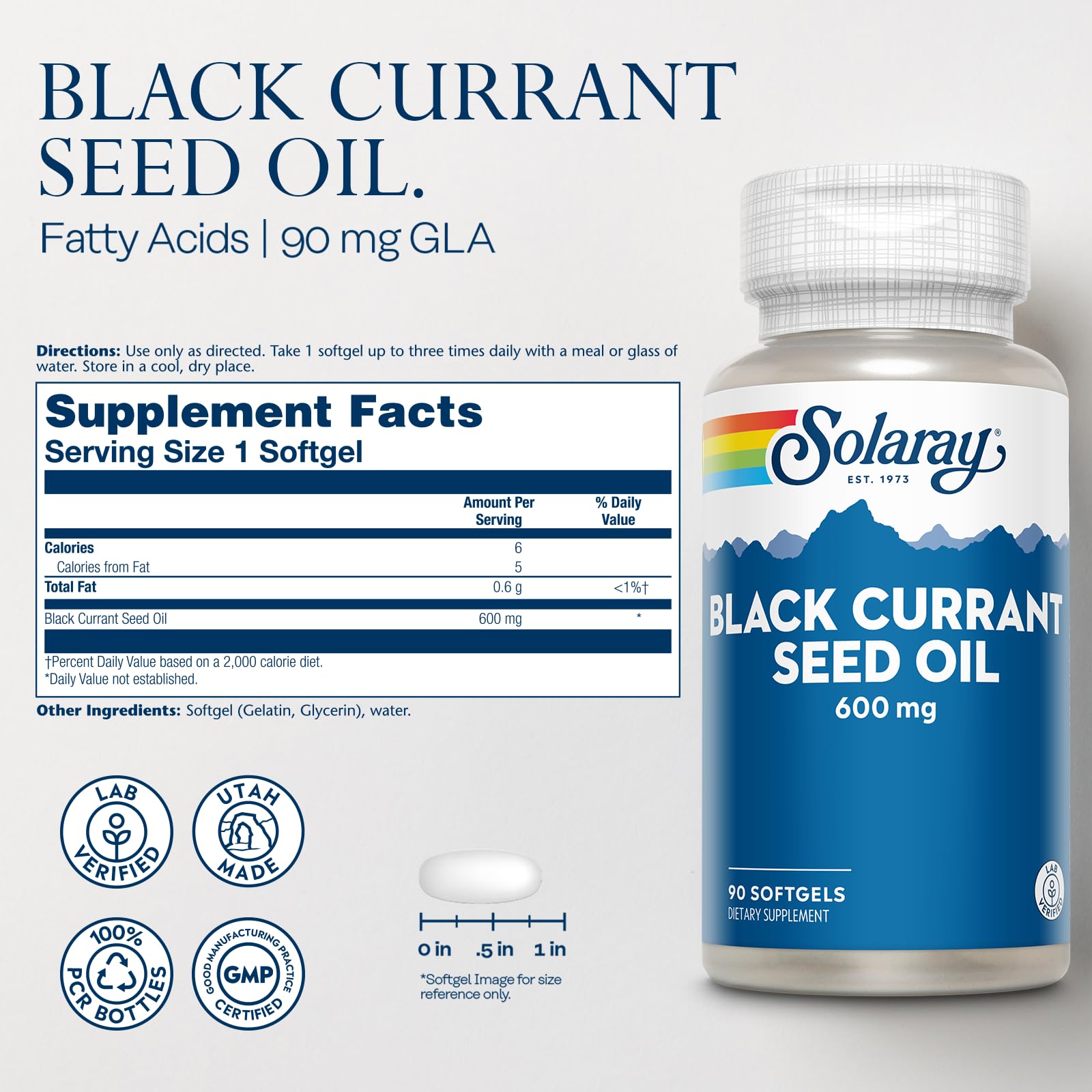SOLARAY Black Currant Oil Softgels 600mg back view with ingredients
