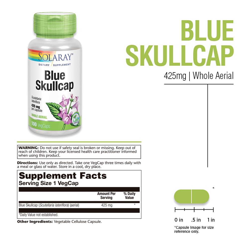 SOLARAY Blue Skullcap Capsules back view with ingredients