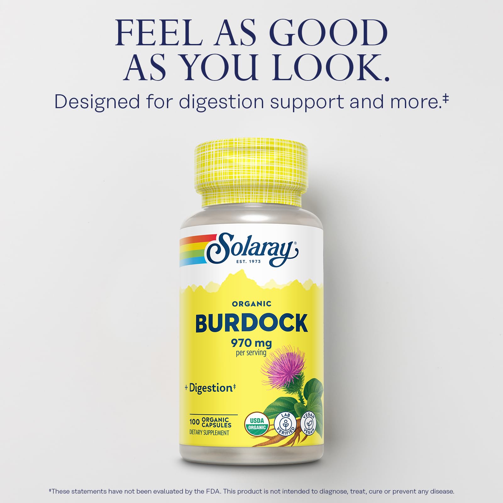 SOLARAY Burdock Root Capsules 970mg bottle with label