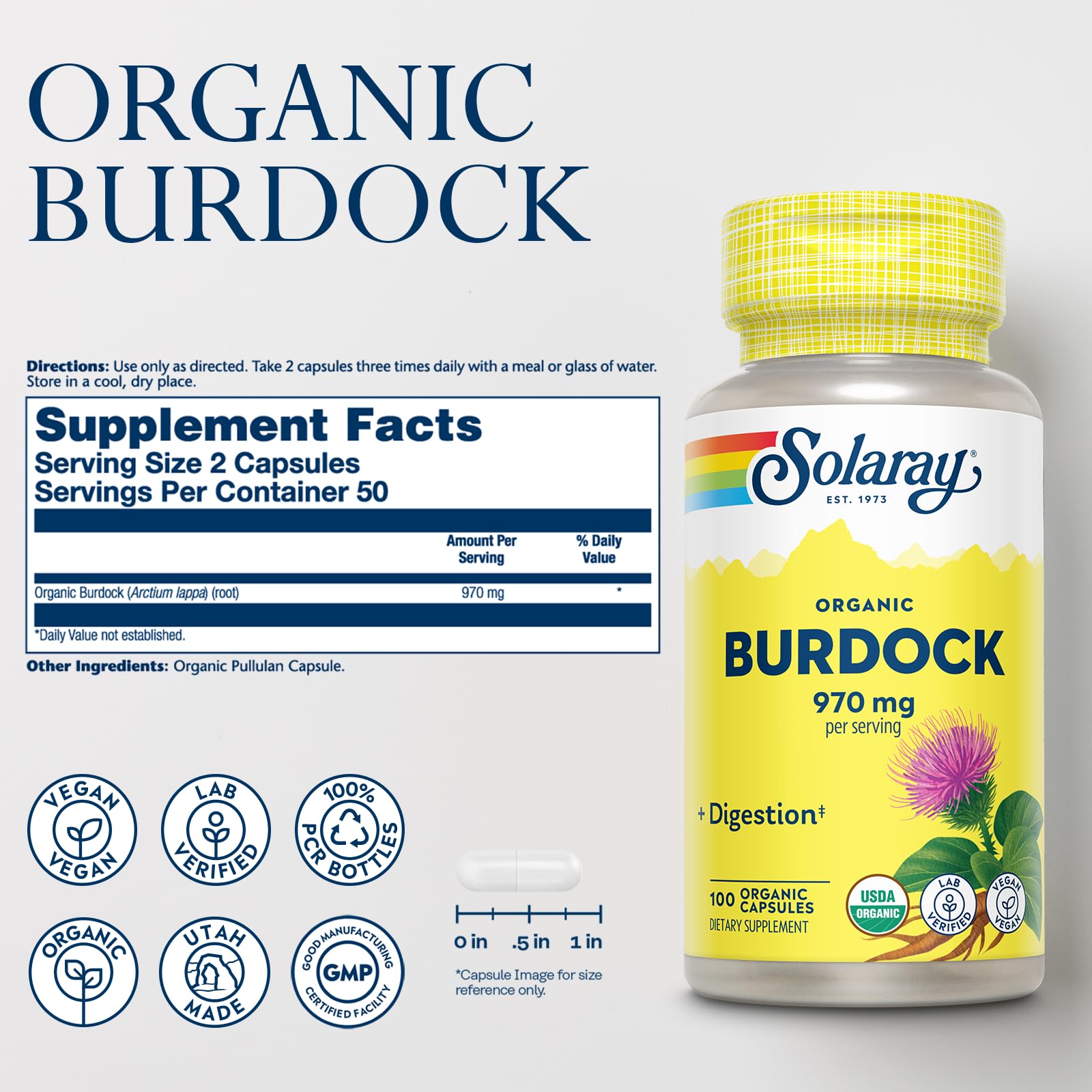 SOLARAY Burdock Root Capsules 970mg side view