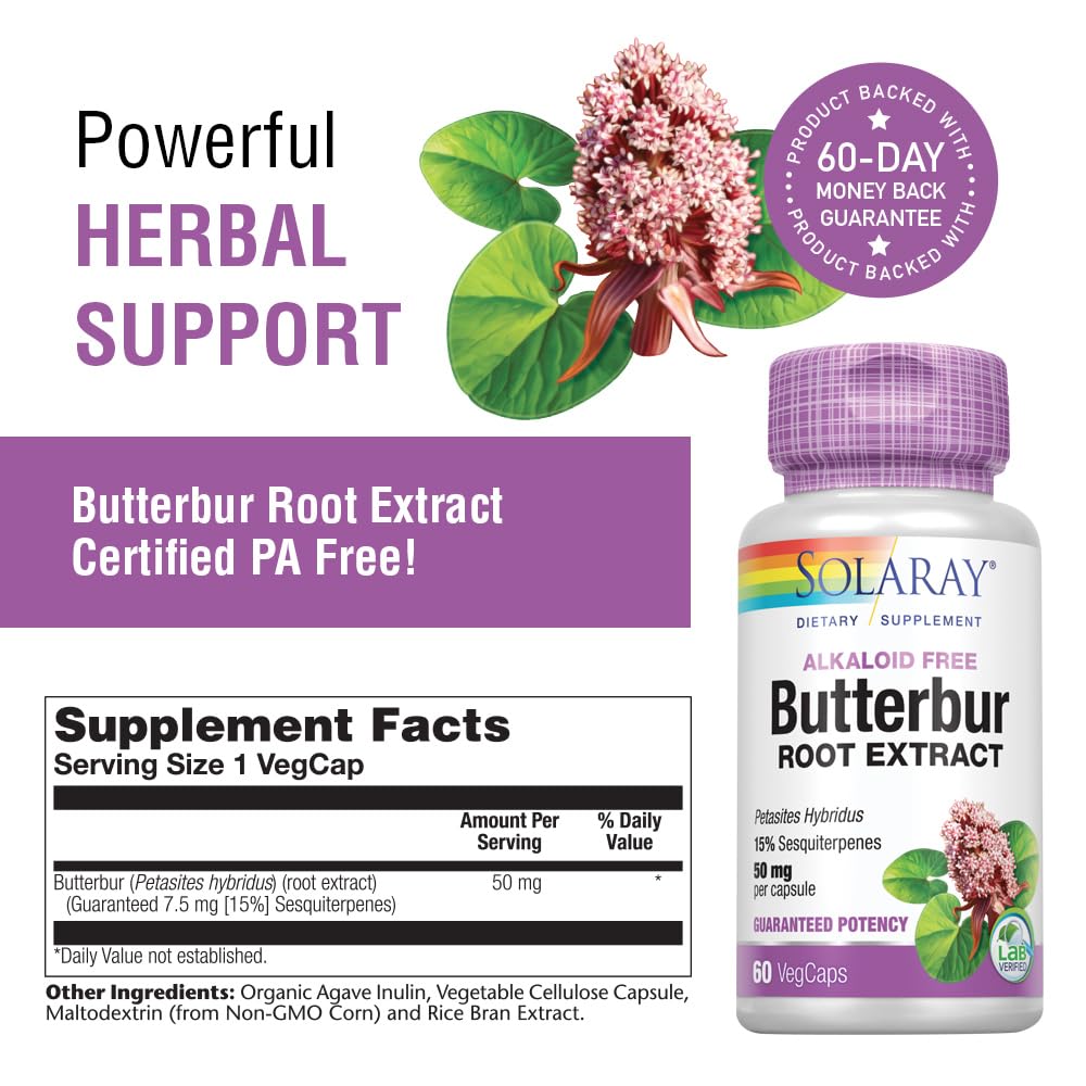SOLARAY Butterbur Root Extract VegCaps side view