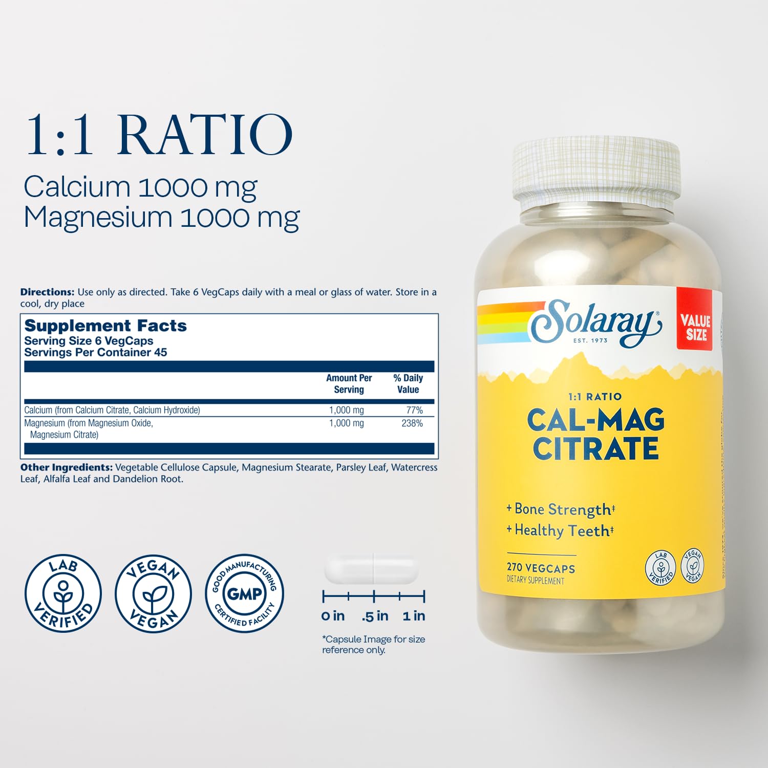 SOLARAY Cal Mag Citrate capsules in a clear bottle