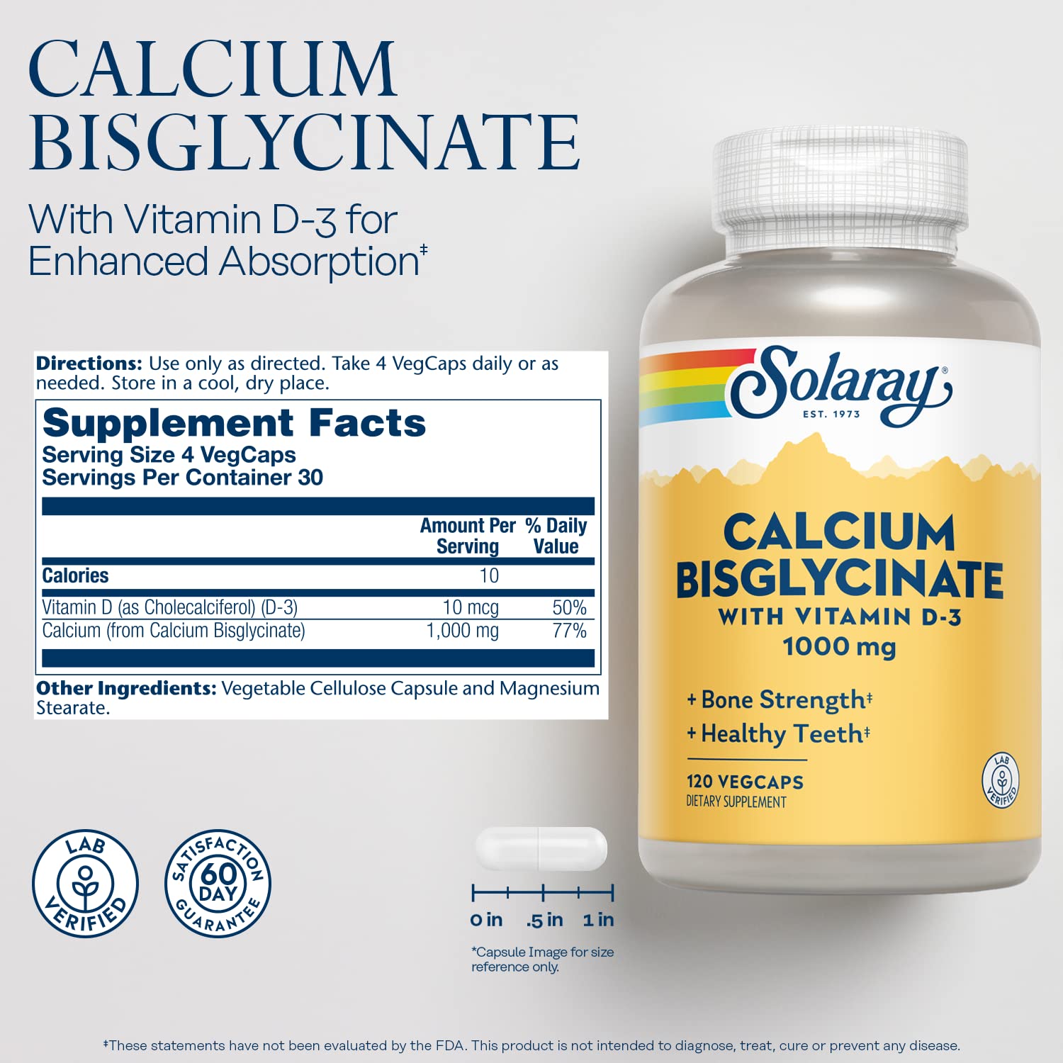 SOLARAY Calcium Bisglycinate Supplement 1000mg side view