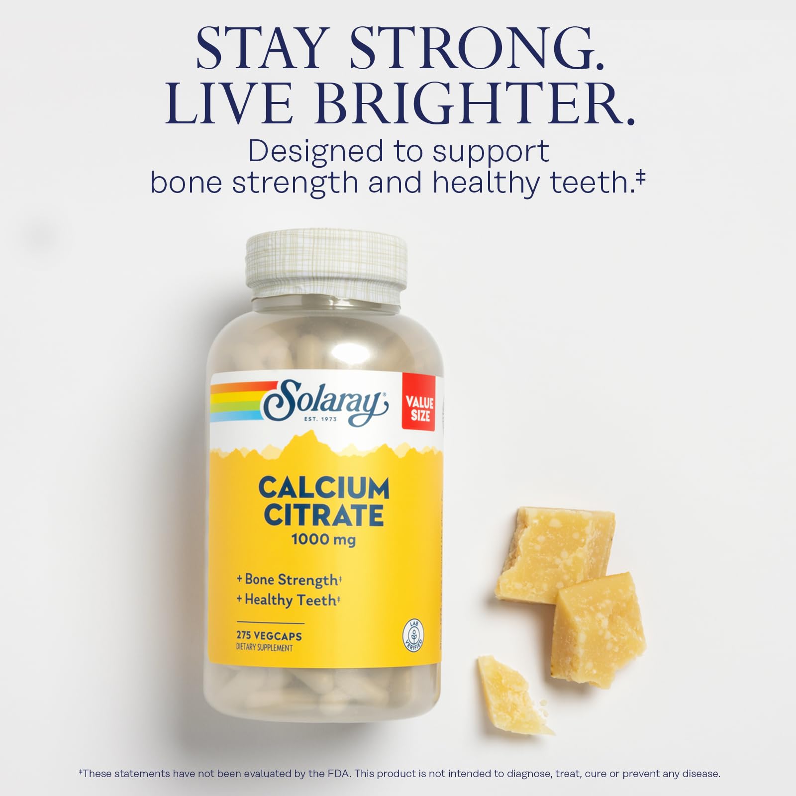 SOLARAY Calcium Citrate 1000mg capsules on a wooden surface