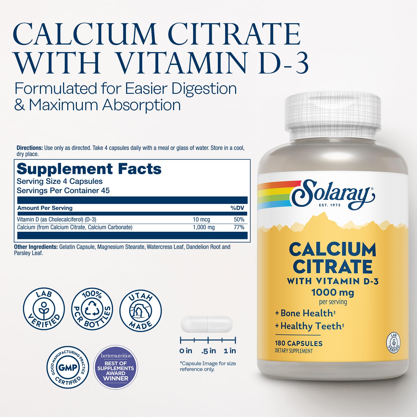 SOLARAY Calcium Citrate 1000mg with Vitamin D-3 side view