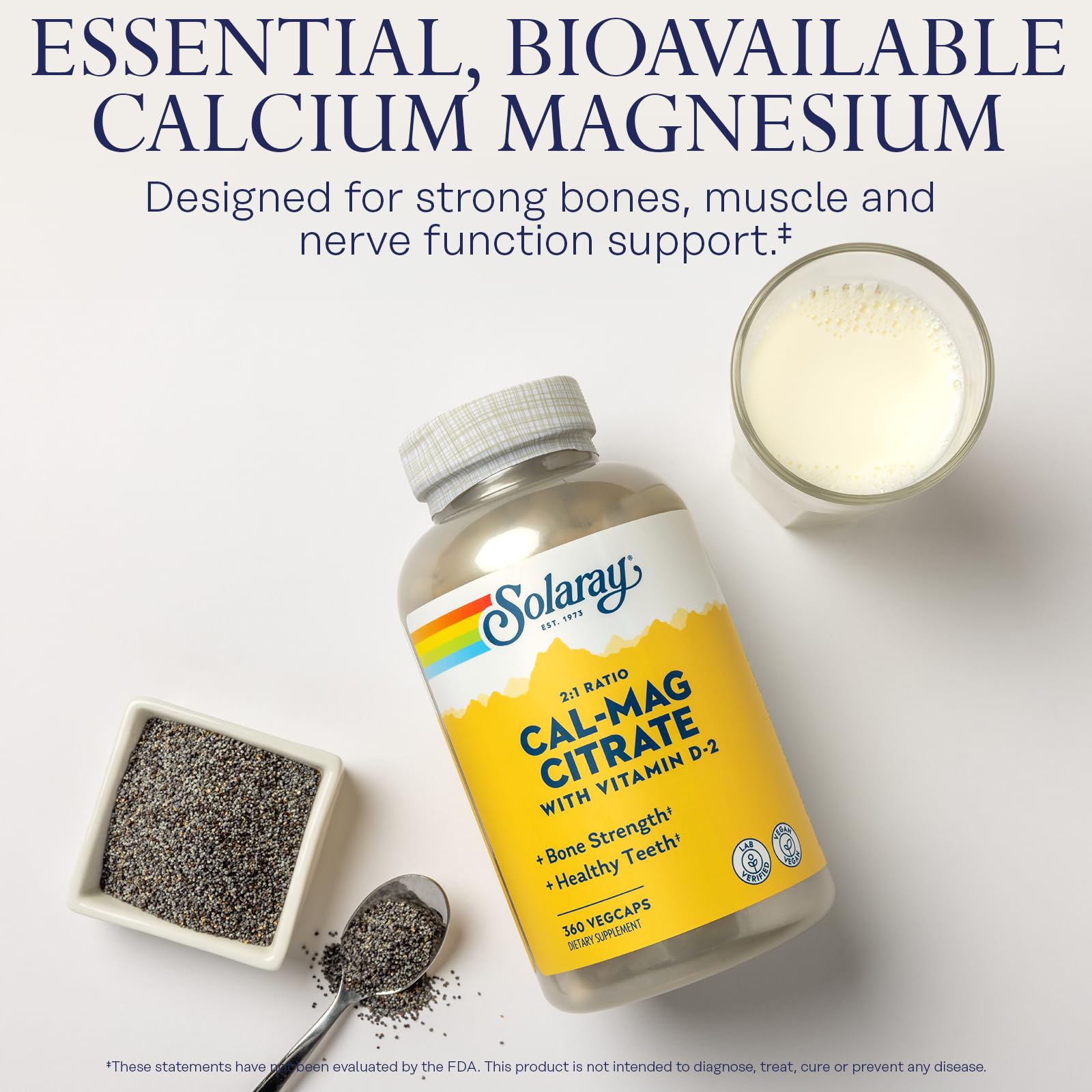 SOLARAY Calcium Magnesium with Vitamin D2 1000mg 500mg Capsules bottle with label