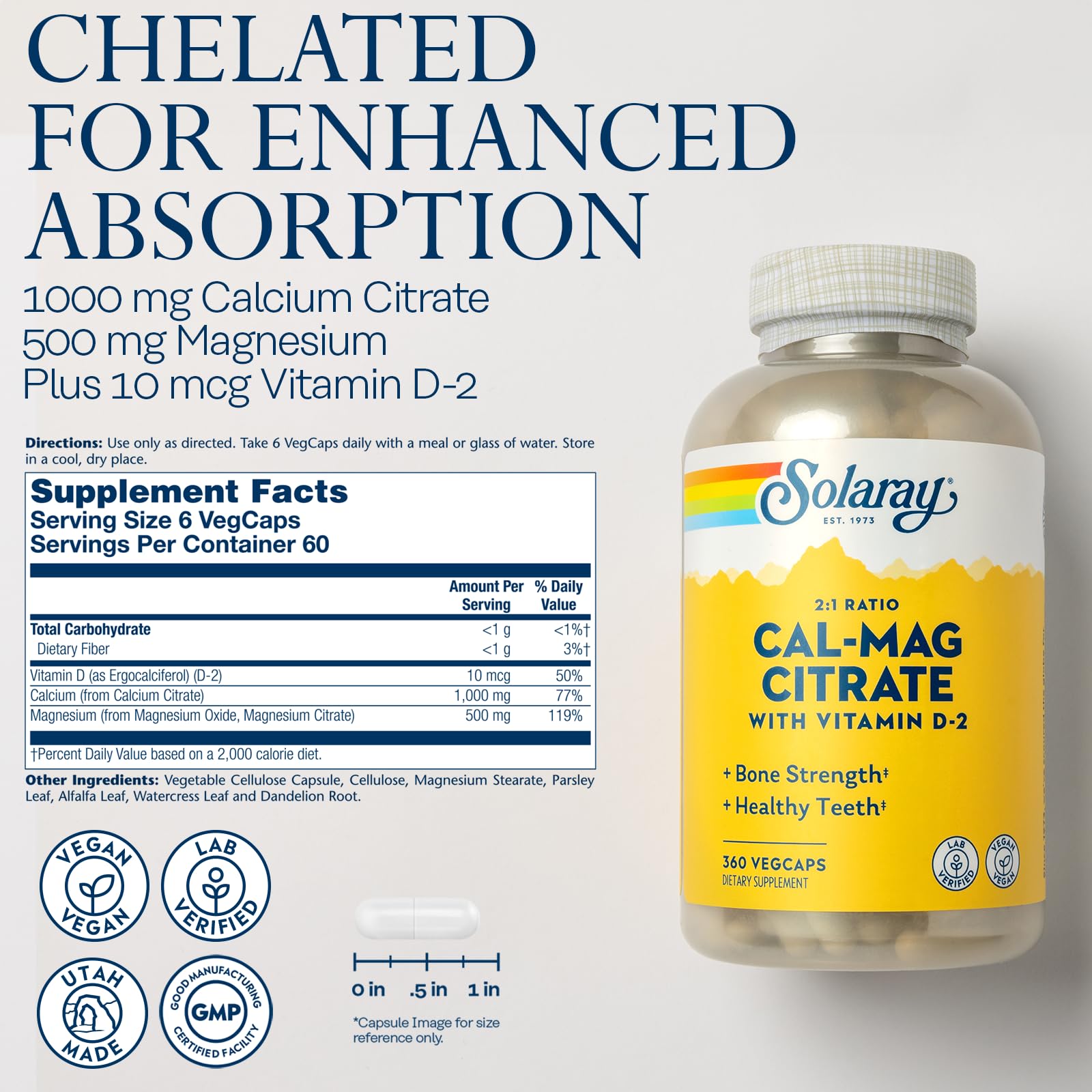 SOLARAY Calcium Magnesium with Vitamin D2 1000mg 500mg Capsules side view