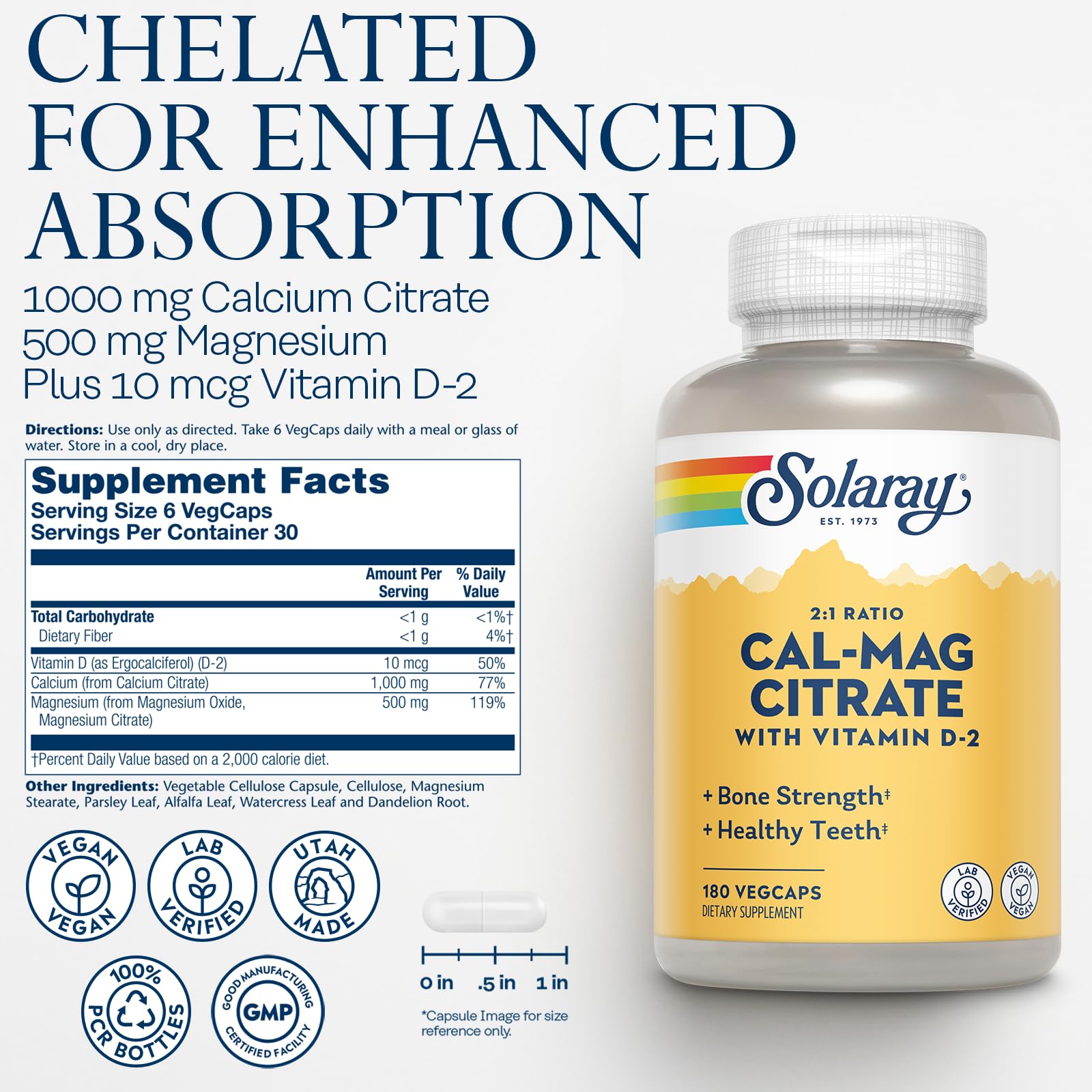 SOLARAY Calcium Magnesium with Vitamin D2 1000mg 500mg side view