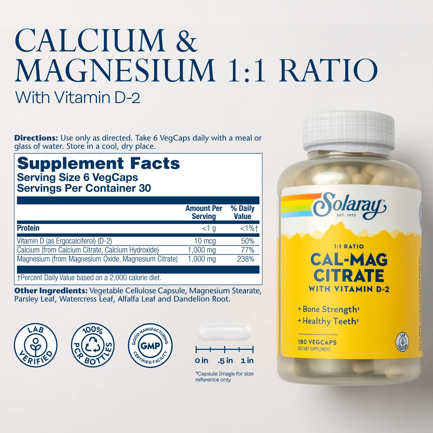 SOLARAY Calcium Magnesium with Vitamin D2 1000mg supplement side view