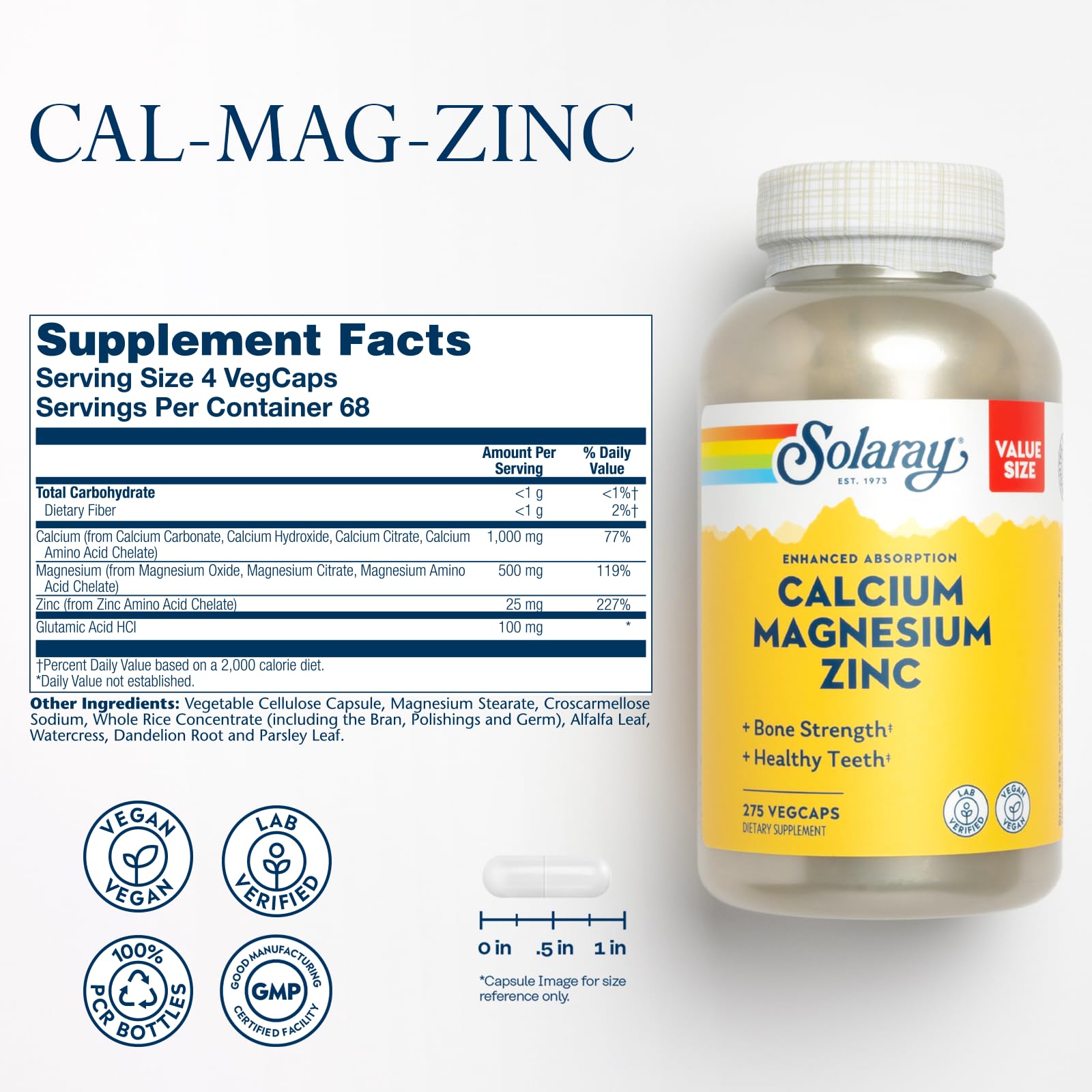 SOLARAY Calcium Magnesium Zinc Supplement bottle side view