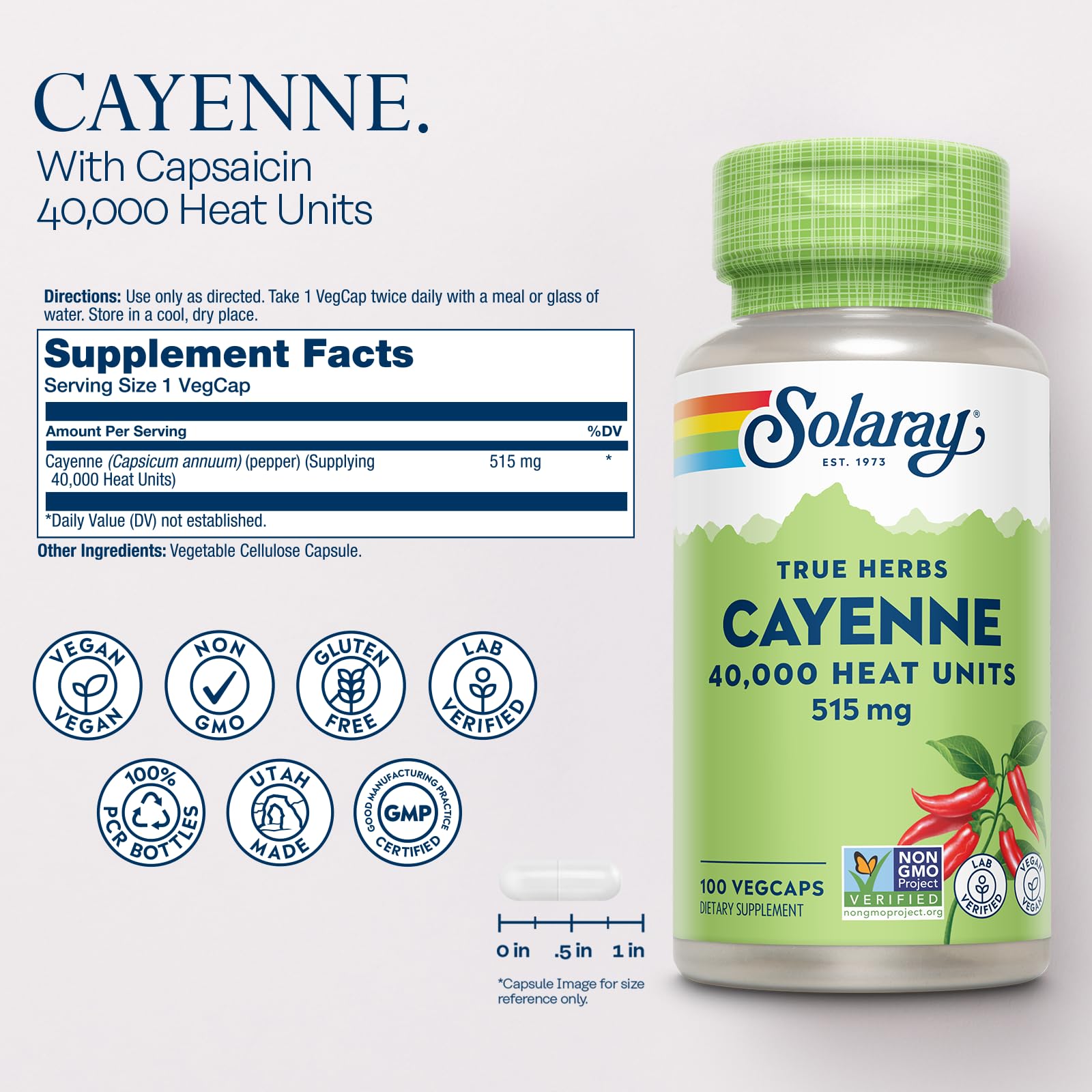 SOLARAY Cayenne Pepper Capsules 515mg side view
