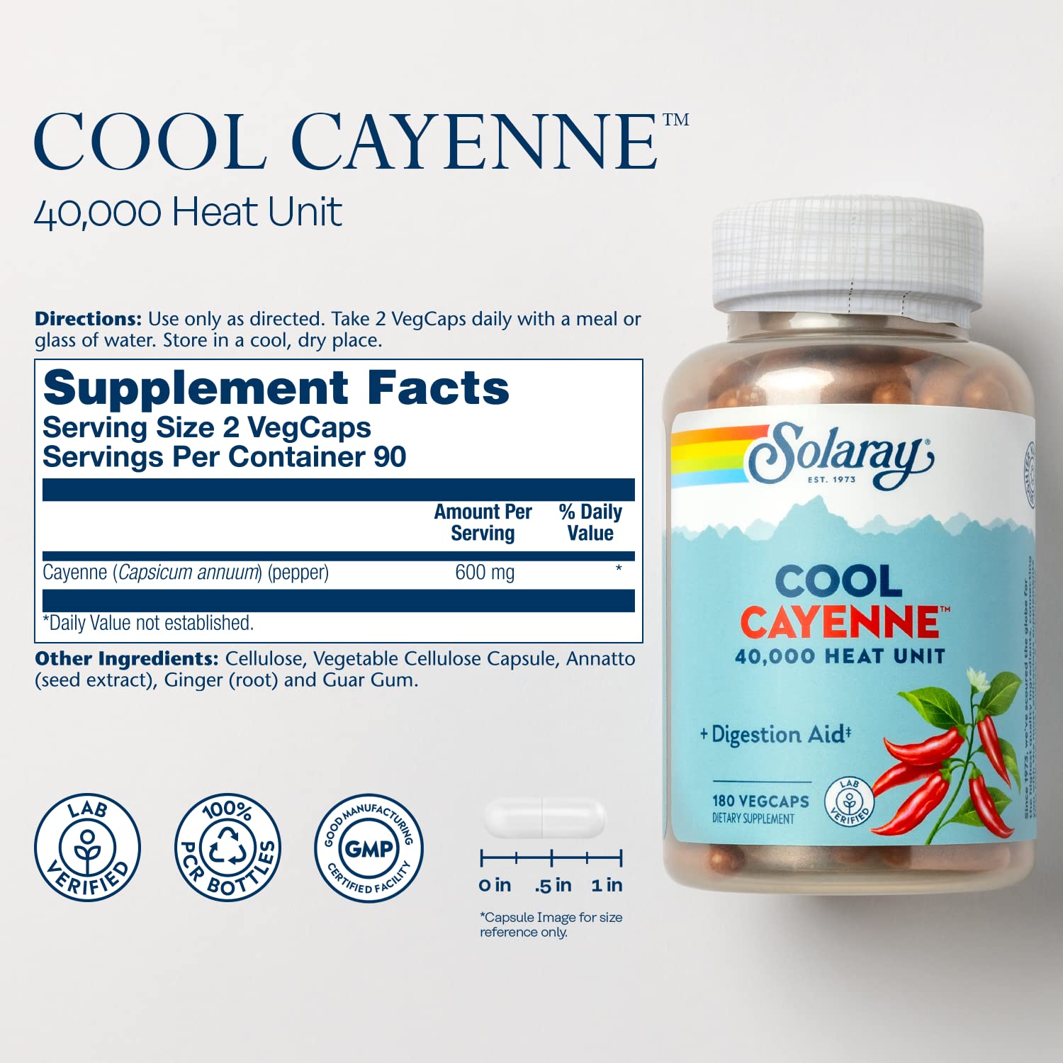 SOLARAY Cayenne Pepper Capsules side view showing bottle