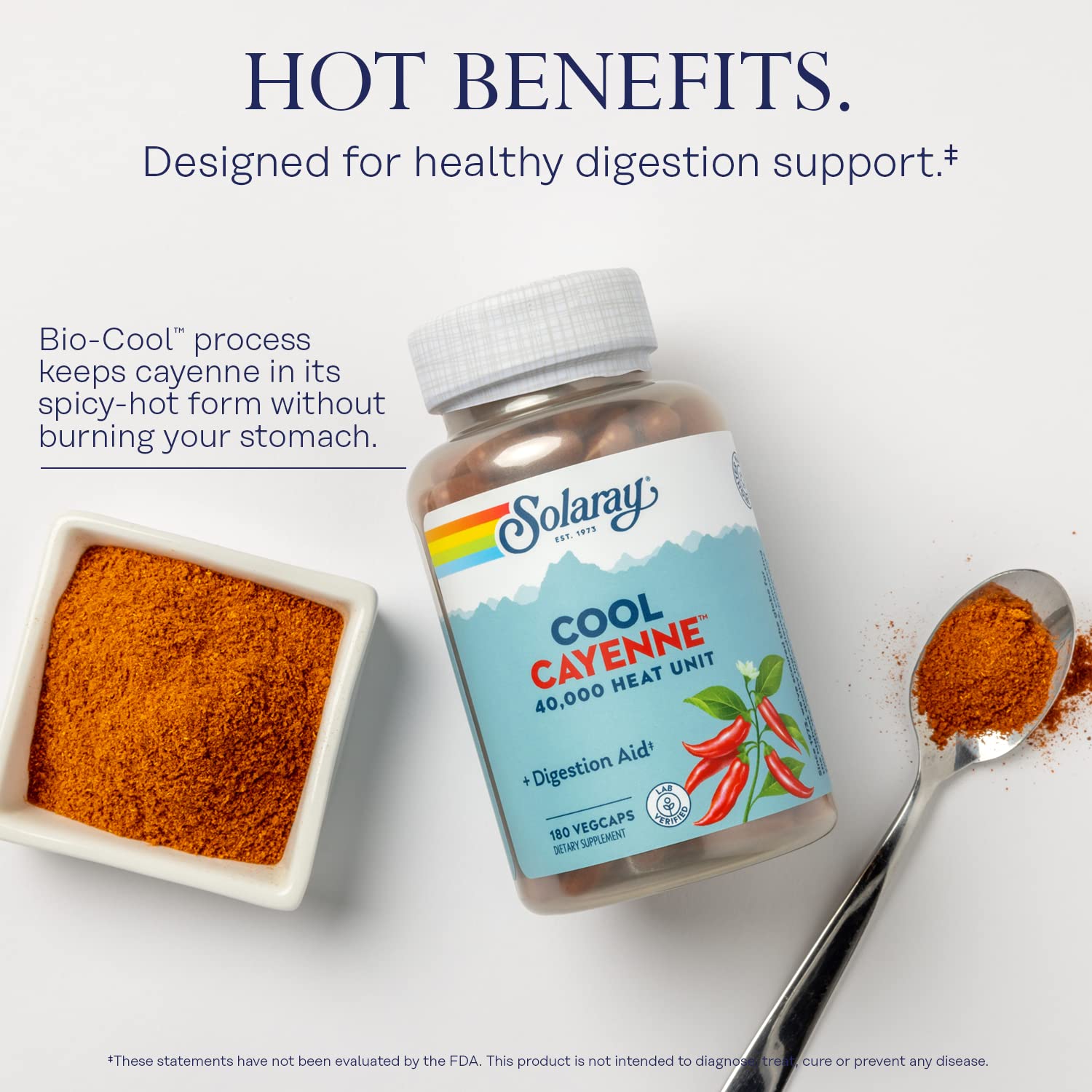 SOLARAY Cayenne Pepper Capsules with a few capsules scattered