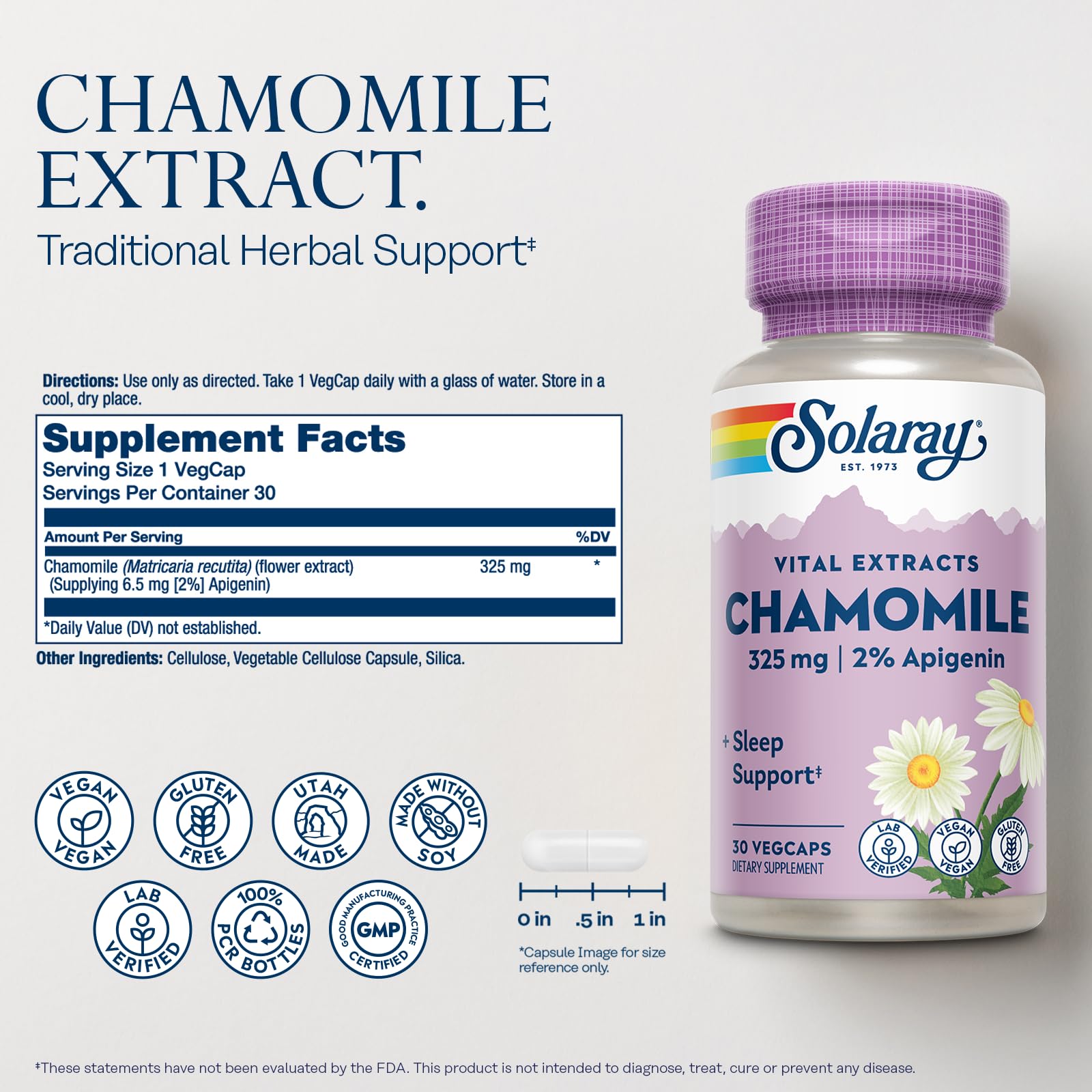 SOLARAY Chamomile VegCaps close-up showing capsule size