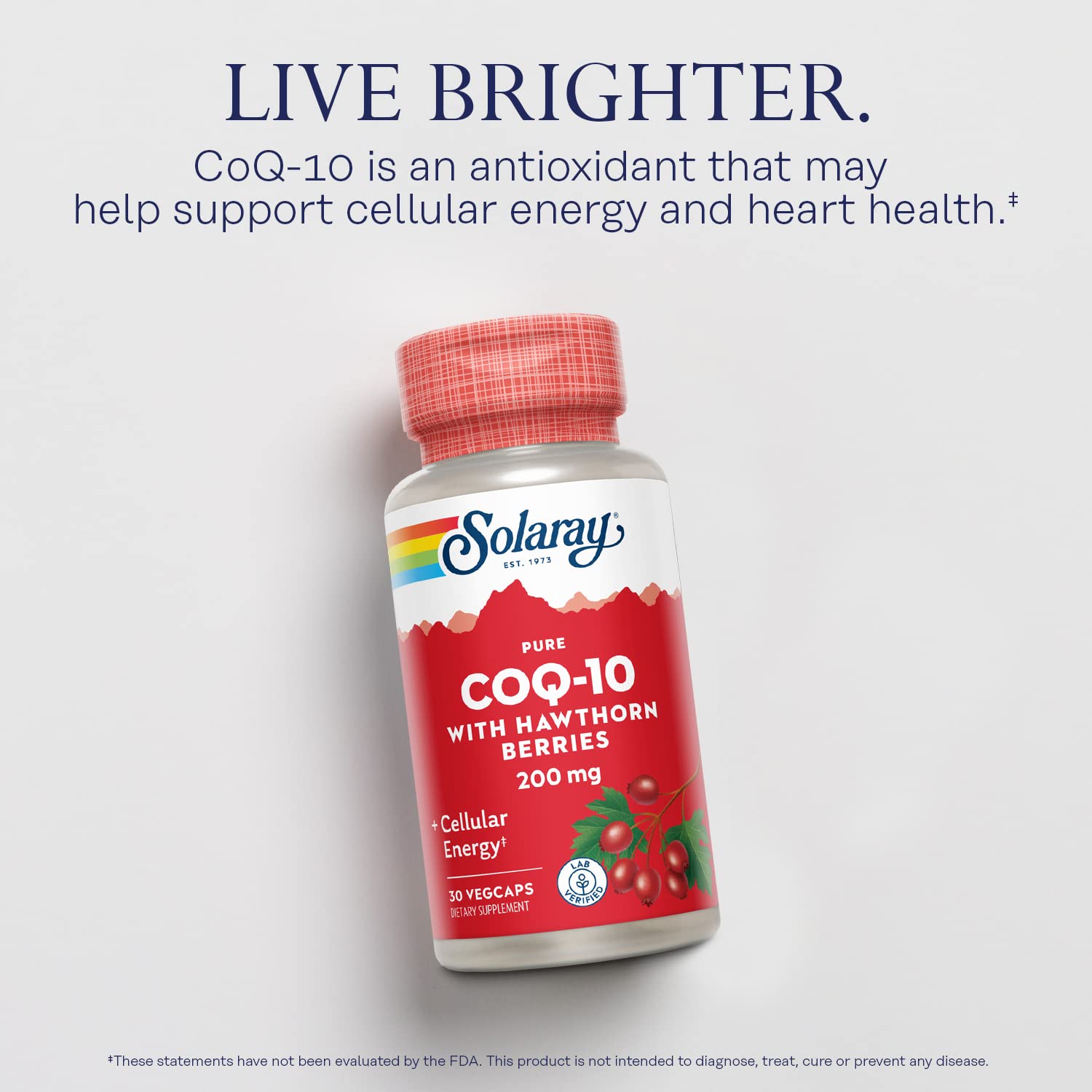 SOLARAY CoQ10 200mg with Hawthorn Berries 60 VegCaps bottle top