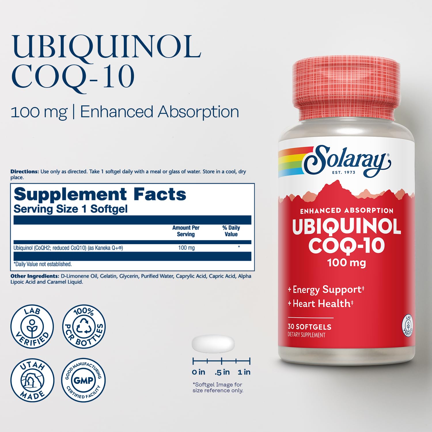 SOLARAY CoQ10 Ubiquinol Capsules side view
