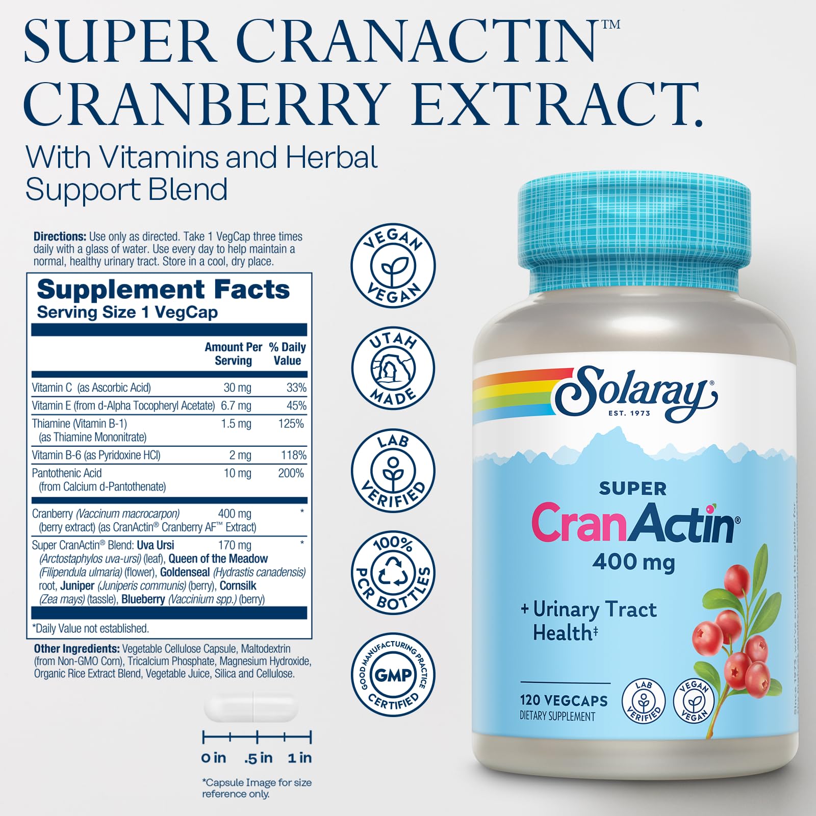SOLARAY CranActin Cranberry Extract Capsules 400mg side view
