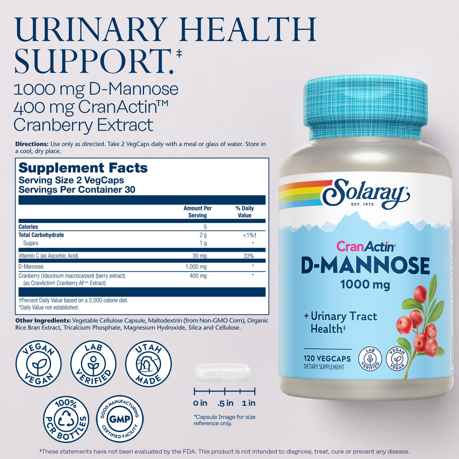 SOLARAY Cranberry D-Mannose Supplement bottle side view