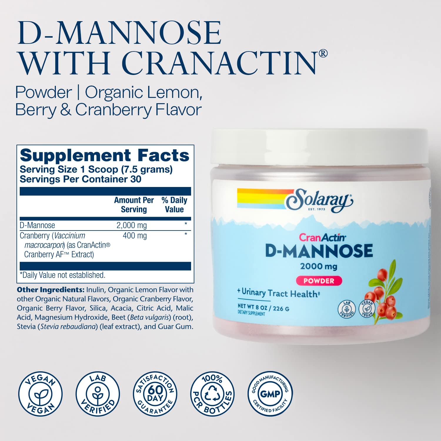 SOLARAY D-Mannose Cranberry Supplement packaging side view