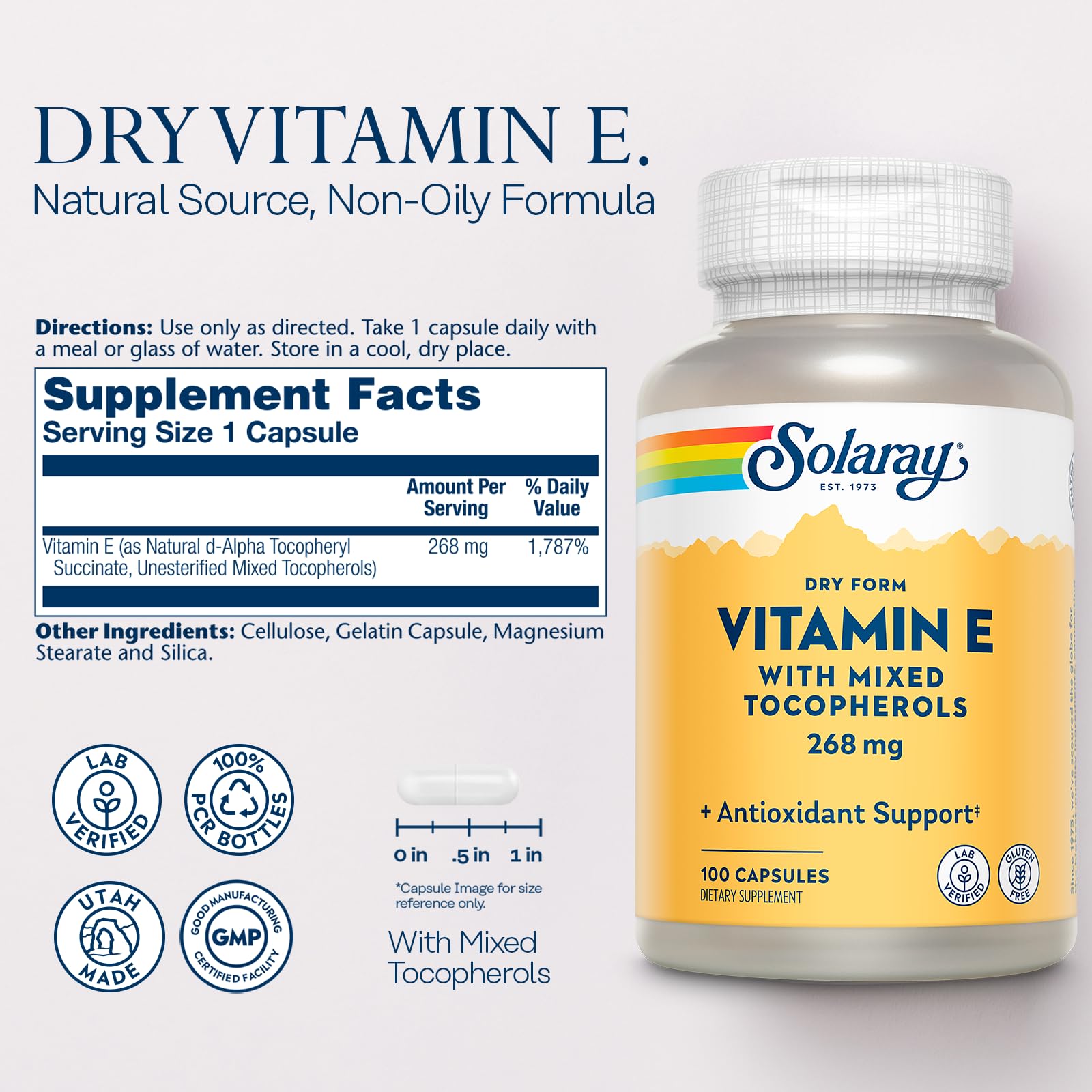 SOLARAY Dry Vitamin E Capsules 400 IU back view