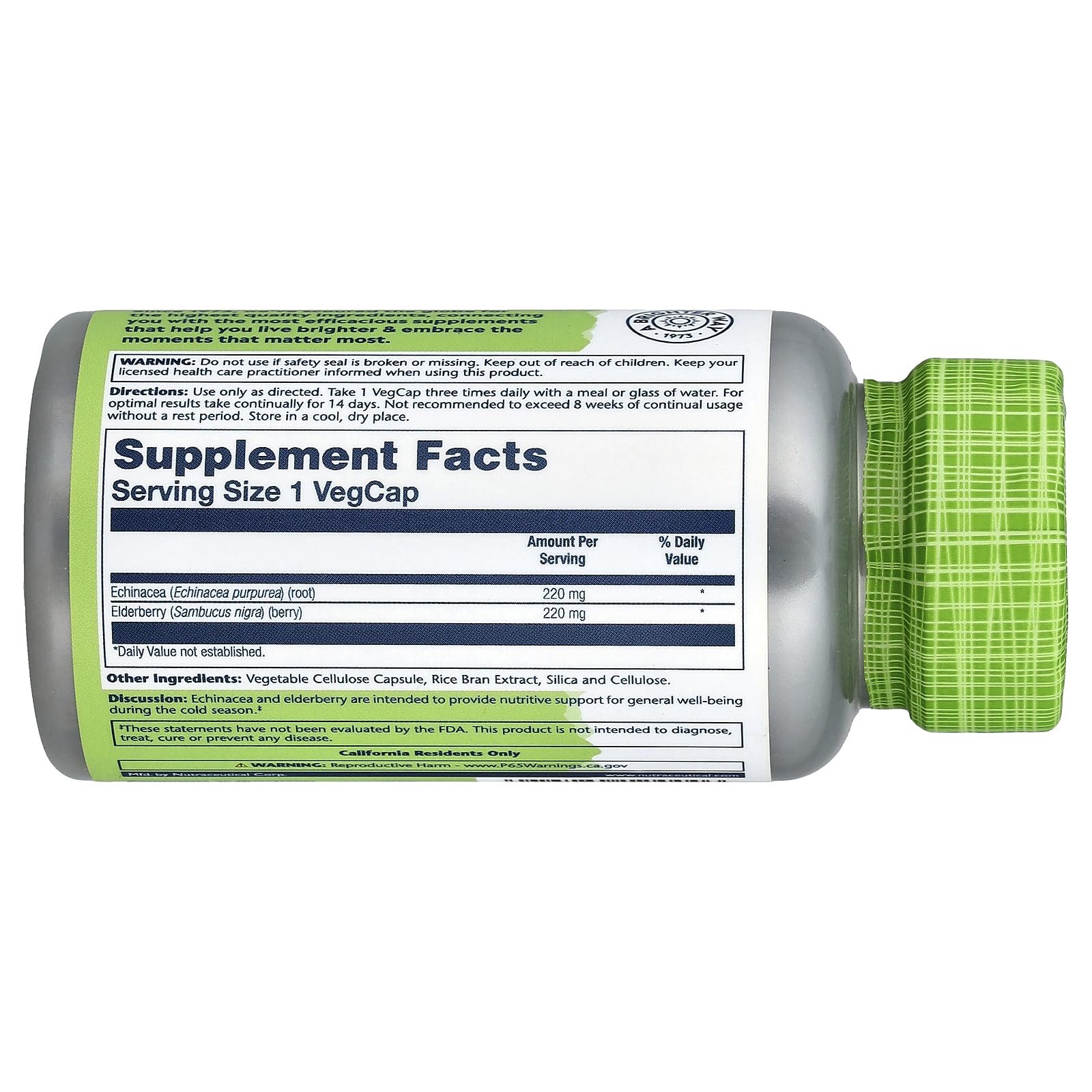 SOLARAY Echinacea & Elderberry Capsules back view with ingredients