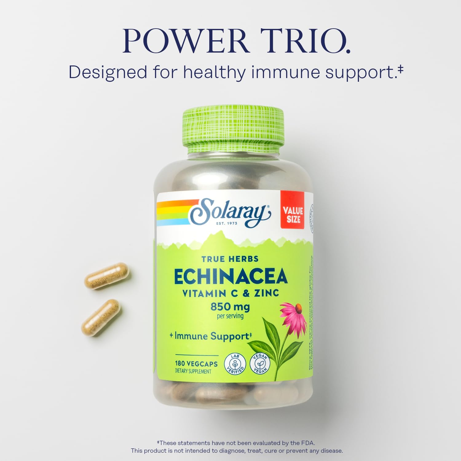 SOLARAY Echinacea with Vitamin C & Zinc 850mg capsules back view