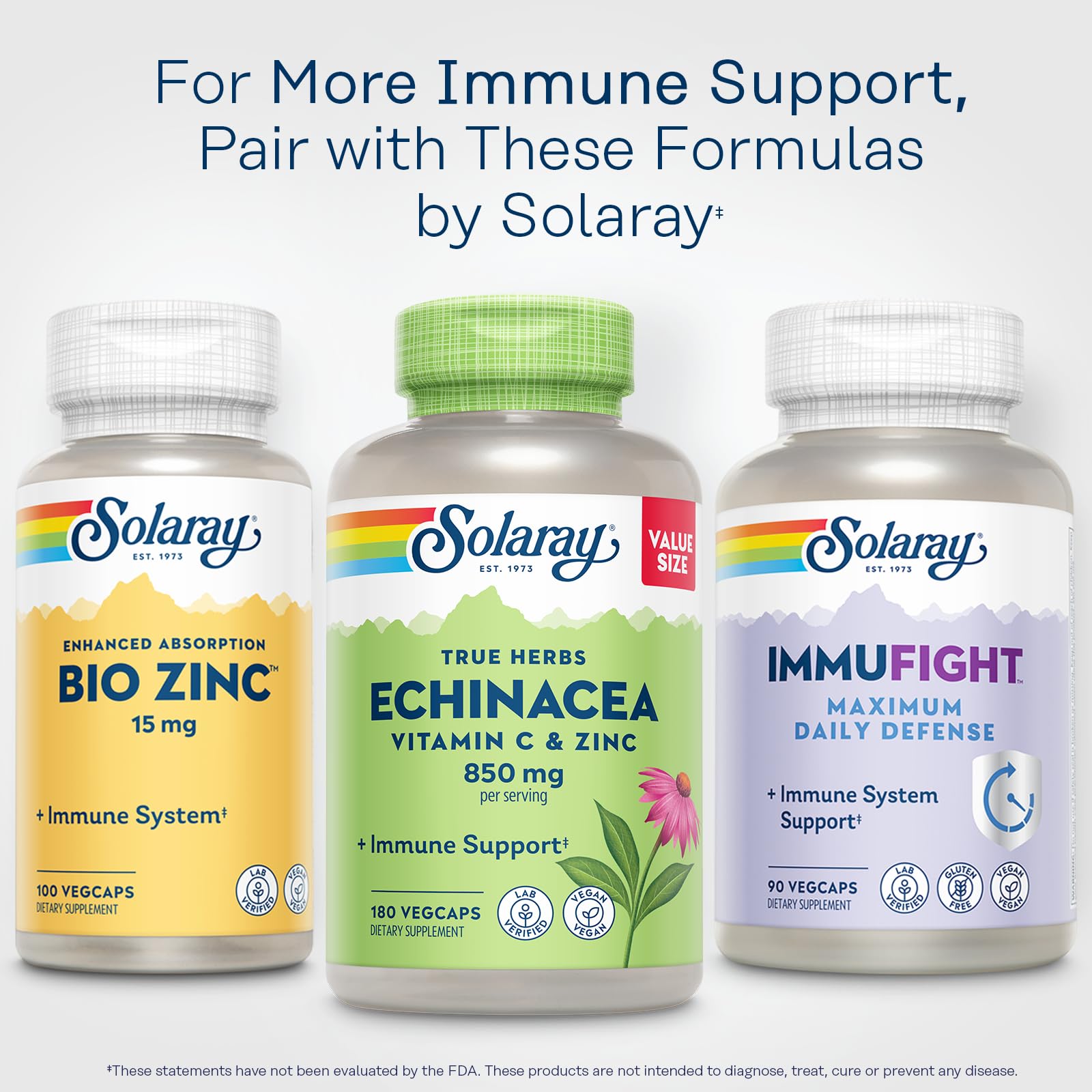 SOLARAY Echinacea with Vitamin C & Zinc 850mg capsules on a wooden surface