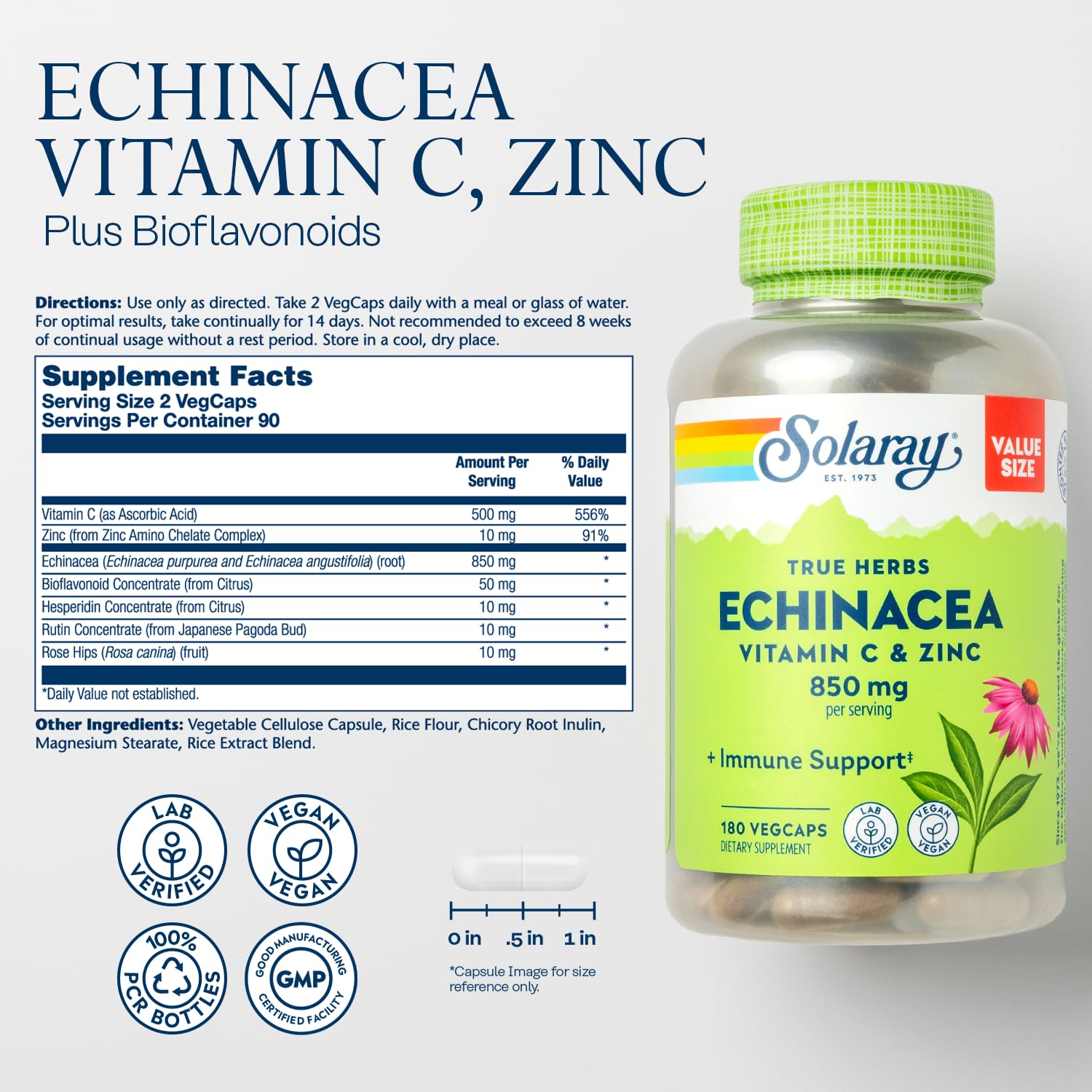 SOLARAY Echinacea with Vitamin C & Zinc 850mg capsules side view