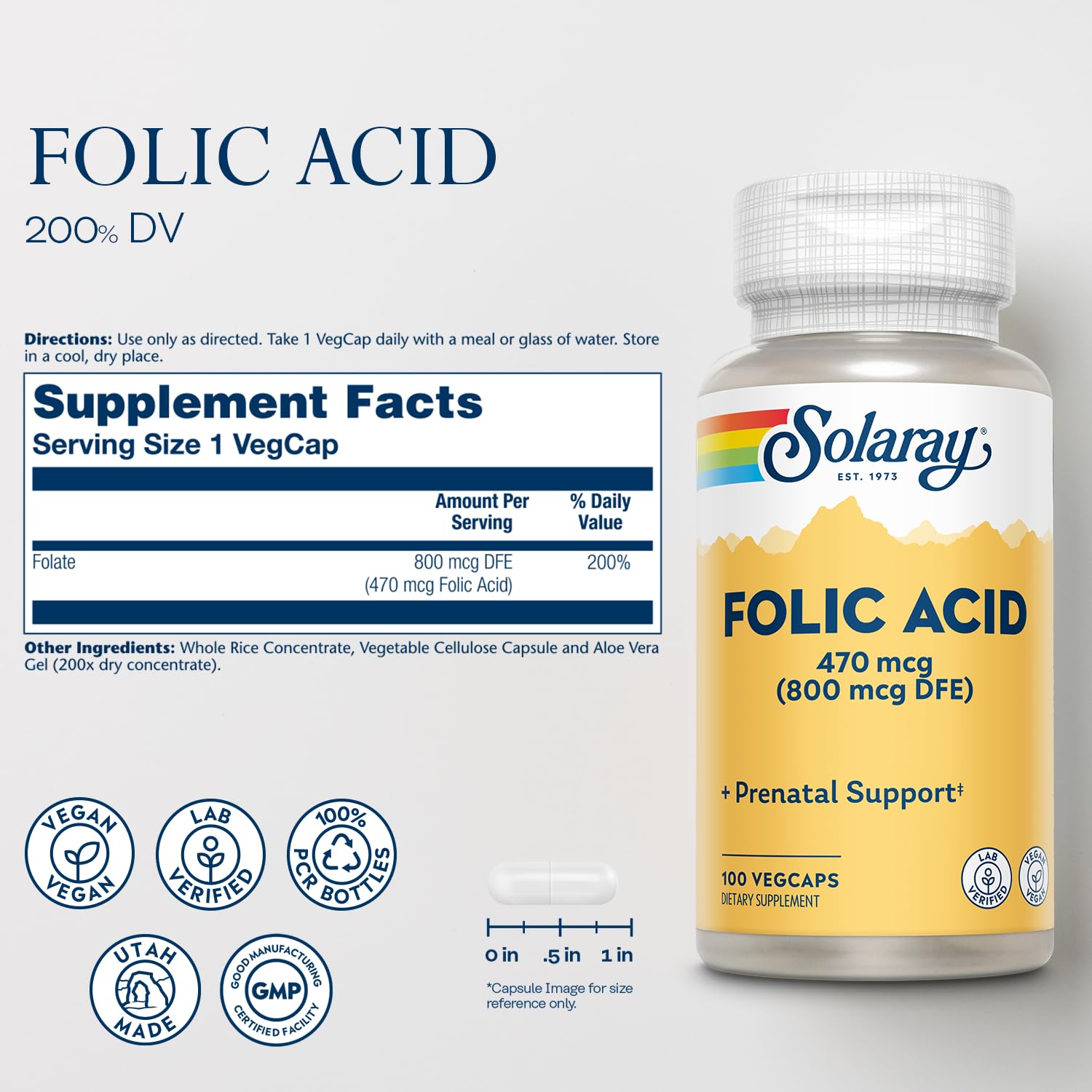 SOLARAY Folic Acid Supplement 470 mcg bottle side view