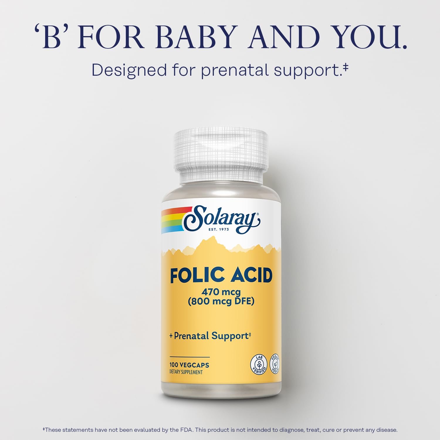 SOLARAY Folic Acid Supplement 470 mcg capsules on a wooden table