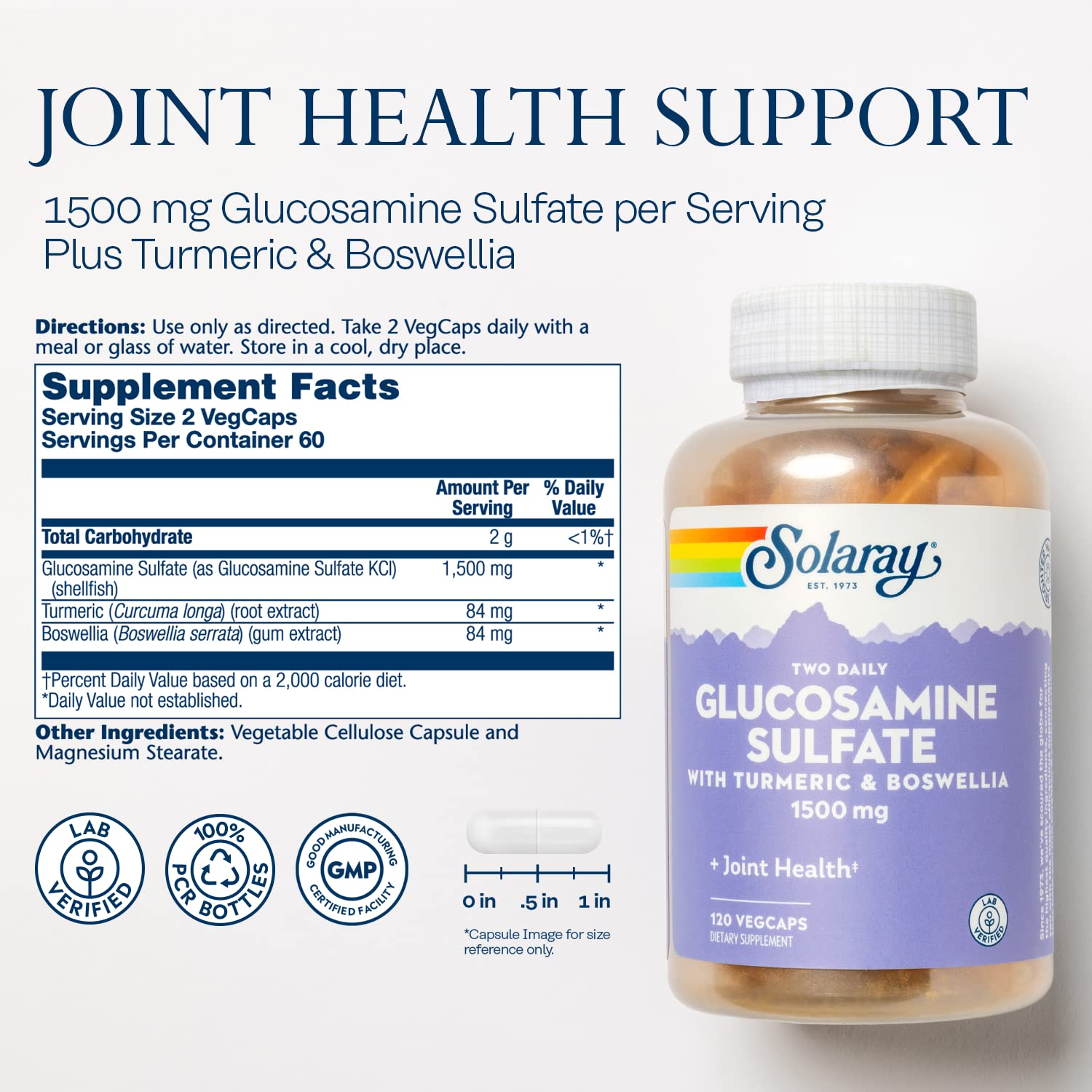 SOLARAY Glucosamine Sulfate Joint Supplement 1500mg bottle with label
