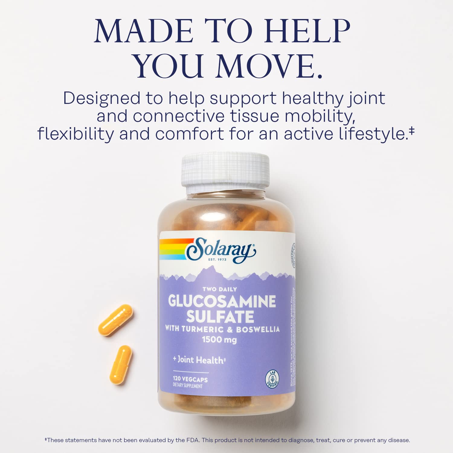 SOLARAY Glucosamine Sulfate Joint Supplement 1500mg capsules on a surface