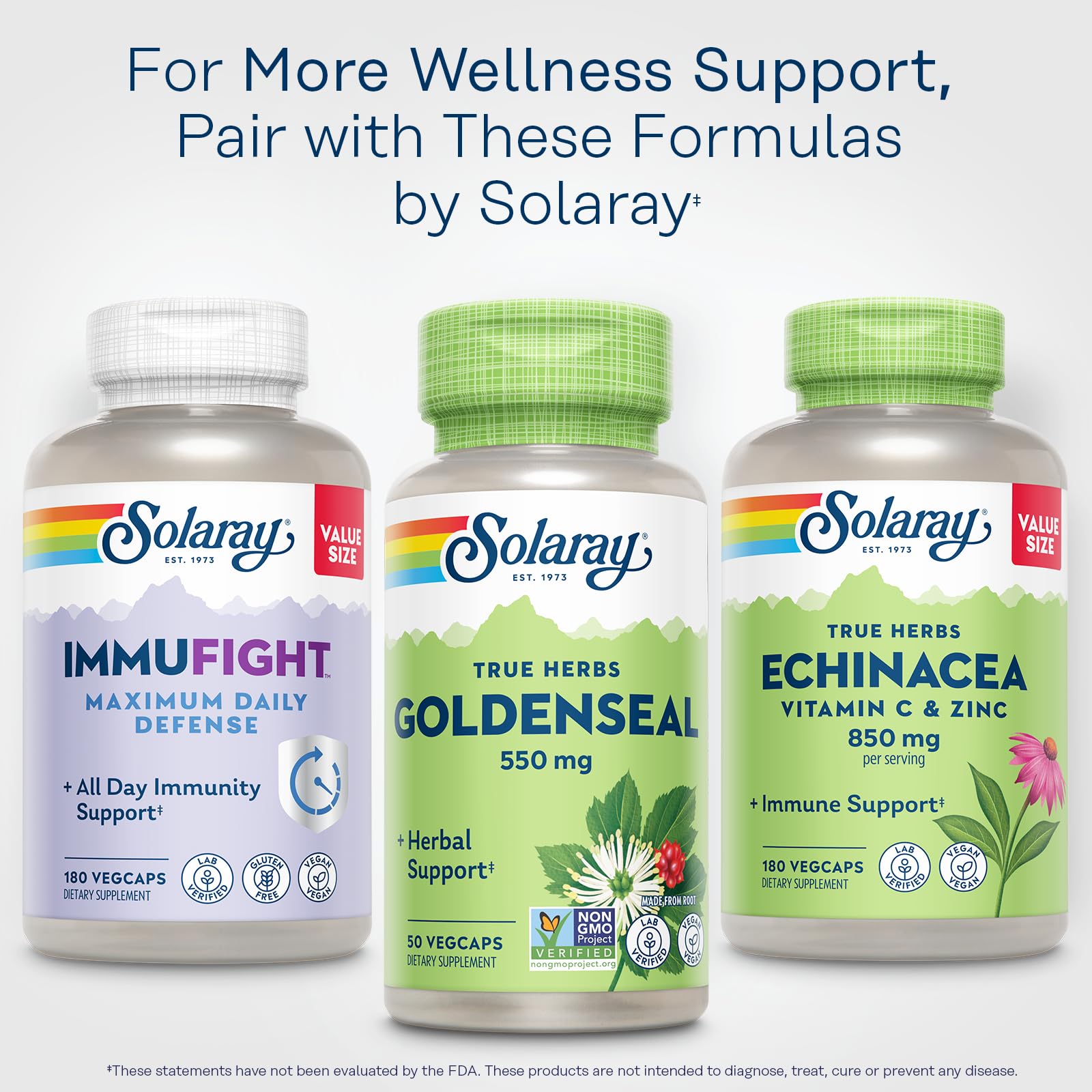 SOLARAY Goldenseal Capsules 550mg on a wooden table