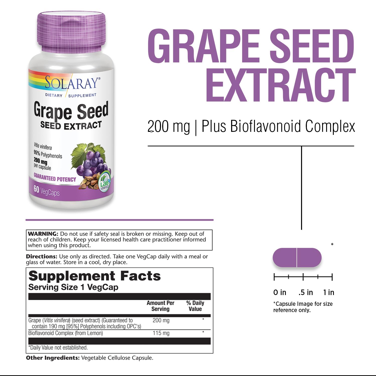 SOLARAY Grape Seed Extract 190mg capsules side view