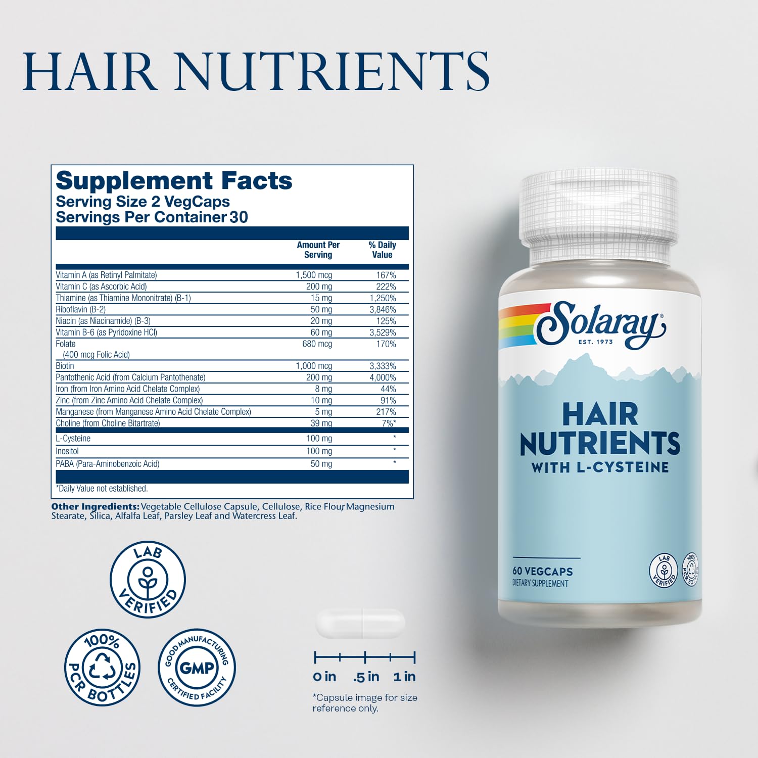 SOLARAY Hair Nutrients Biotin Supplement 1000mcg side view