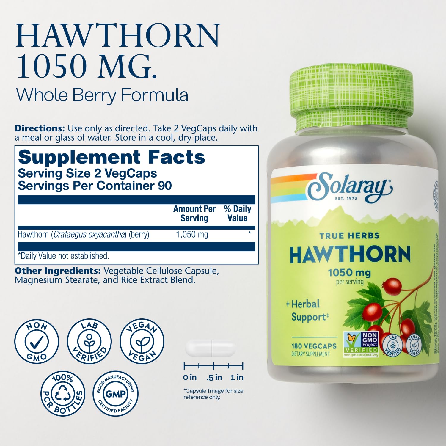 SOLARAY Hawthorn Berry Capsules 1050 mg back view