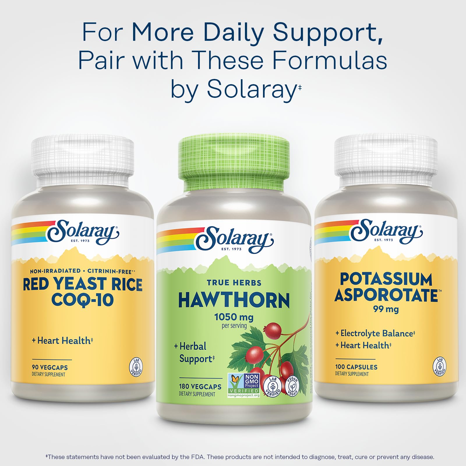 SOLARAY Hawthorn Berry Capsules 1050 mg on a wooden table