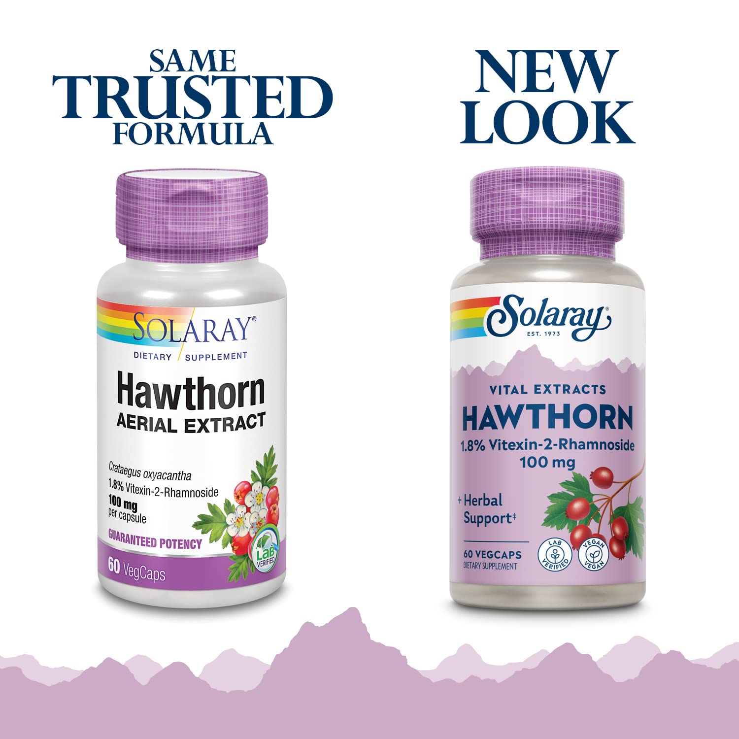 SOLARAY Hawthorn Extract 100mg capsule side view with ingredients list