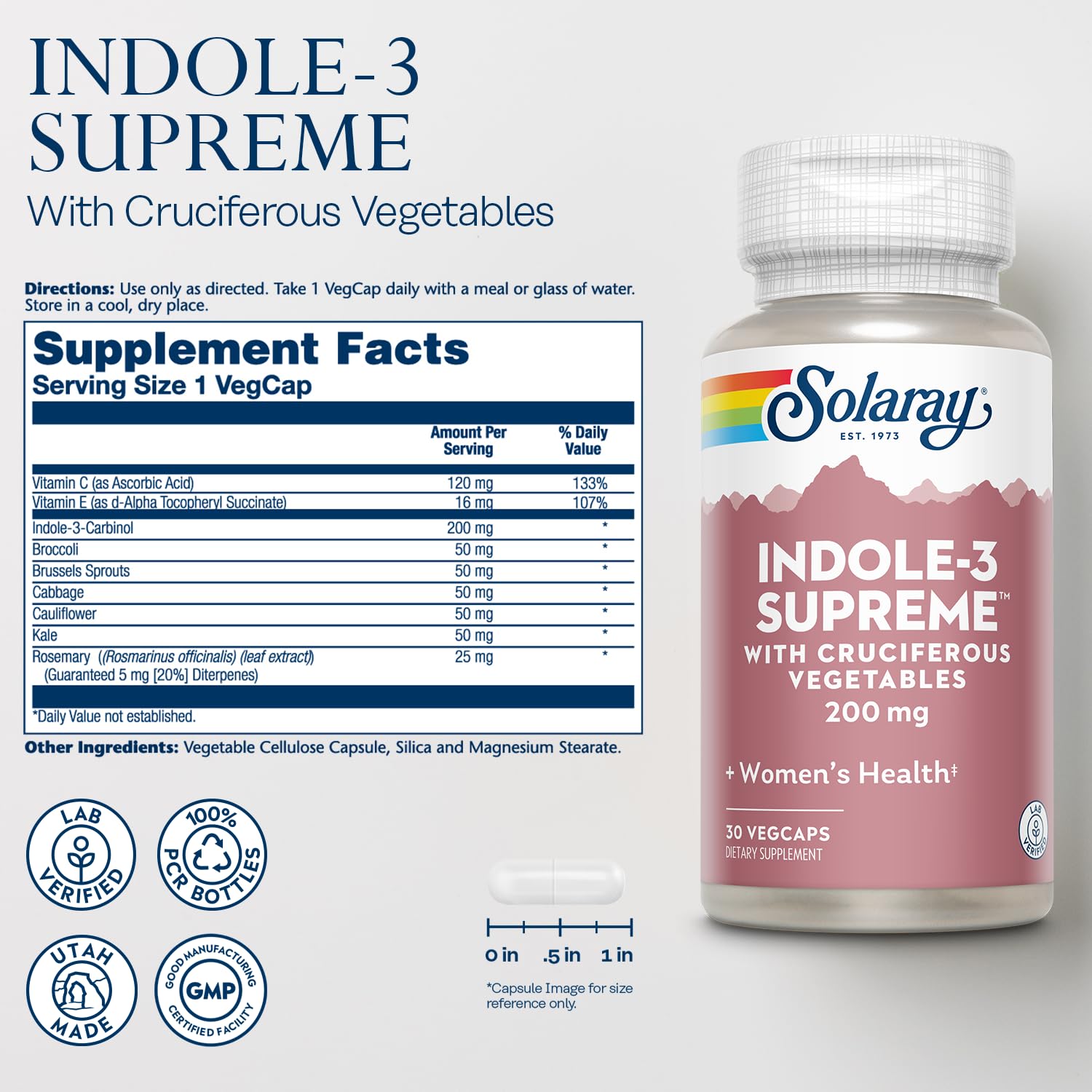 SOLARAY Indole-3 Carbinol Capsules 200mg back view
