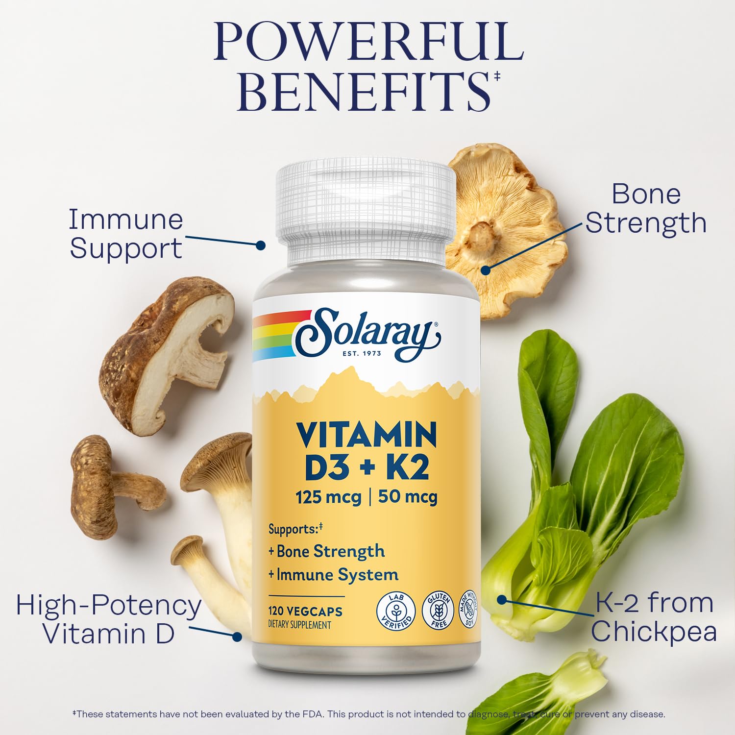 SOLARAY K2 D3 Vitamin Supplement back view with ingredients list