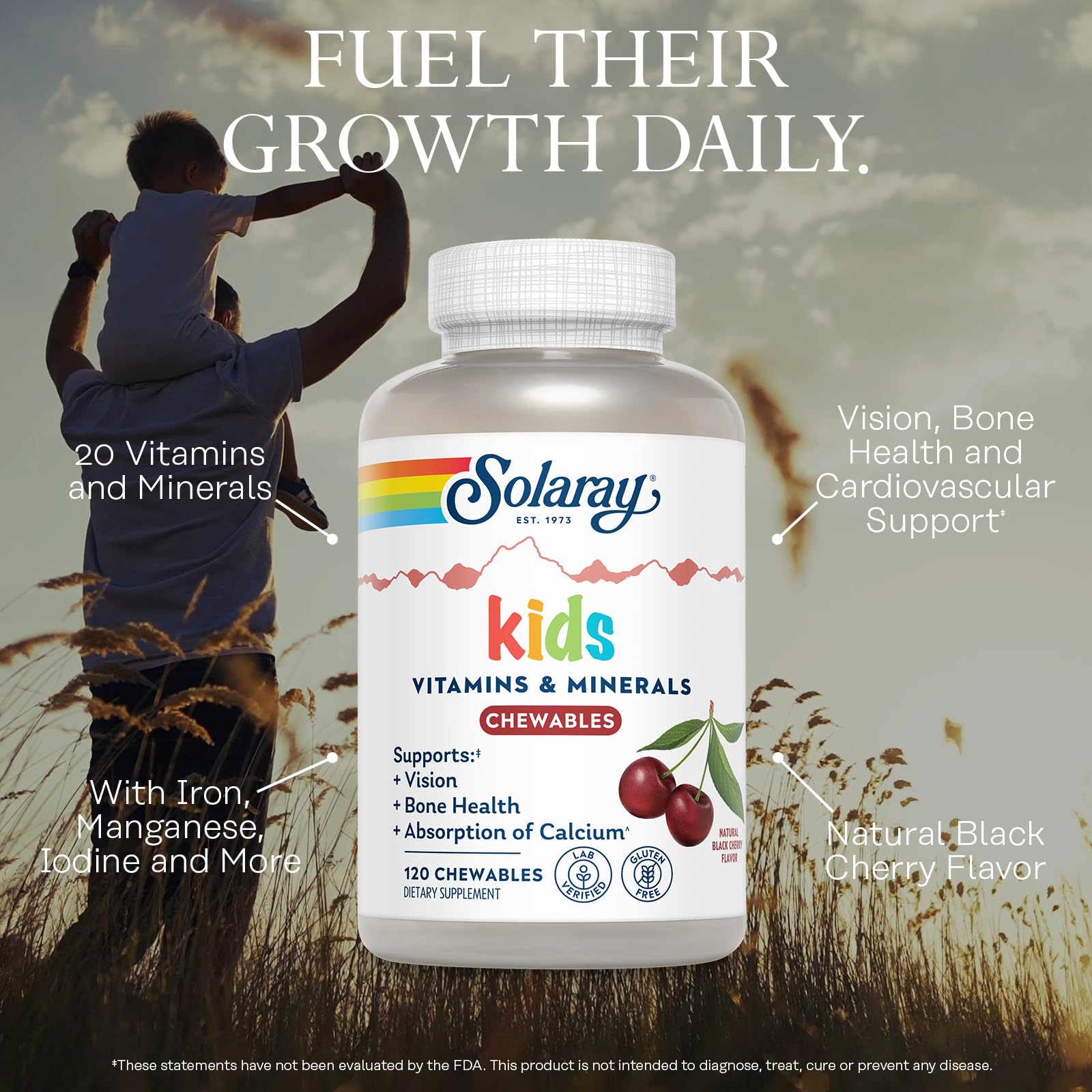 SOLARAY Kids Chewable Multivitamin back view with ingredient list