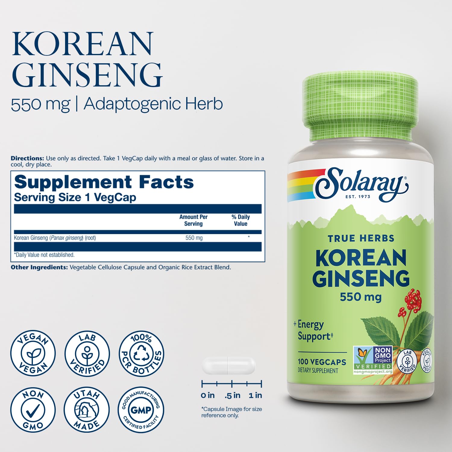 SOLARAY Korean Ginseng supplement bottle side view