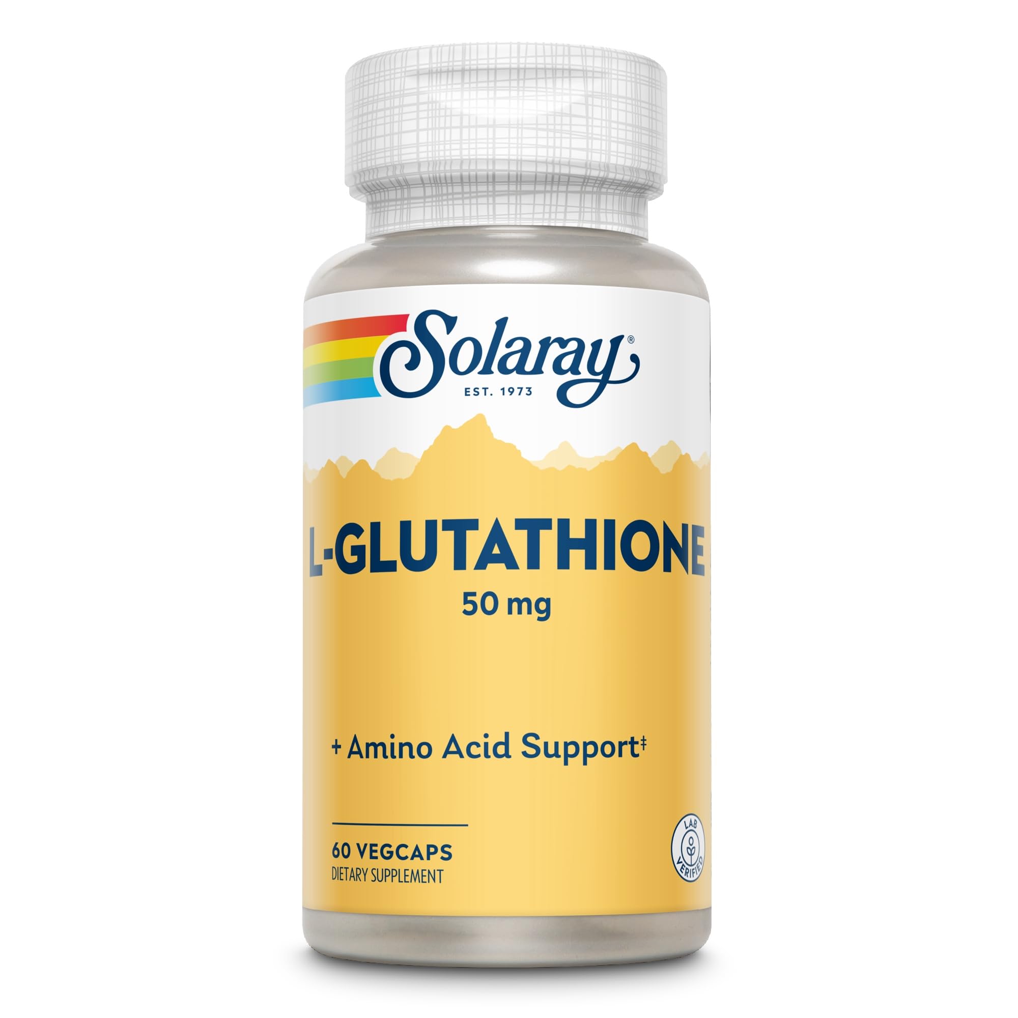 SOLARAY L-Glutathione 50mg capsules on a wooden table