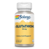 SOLARAY L-Glutathione 50mg capsules on a wooden table