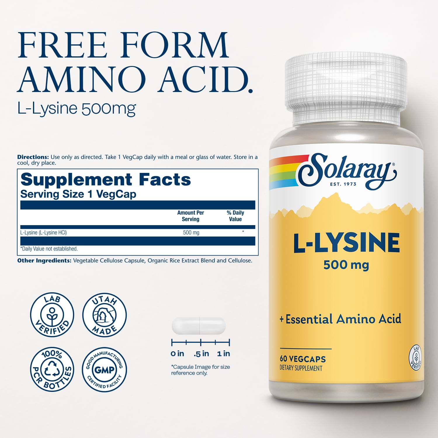 SOLARAY L-Lysine 500mg supplement side view showing capsule