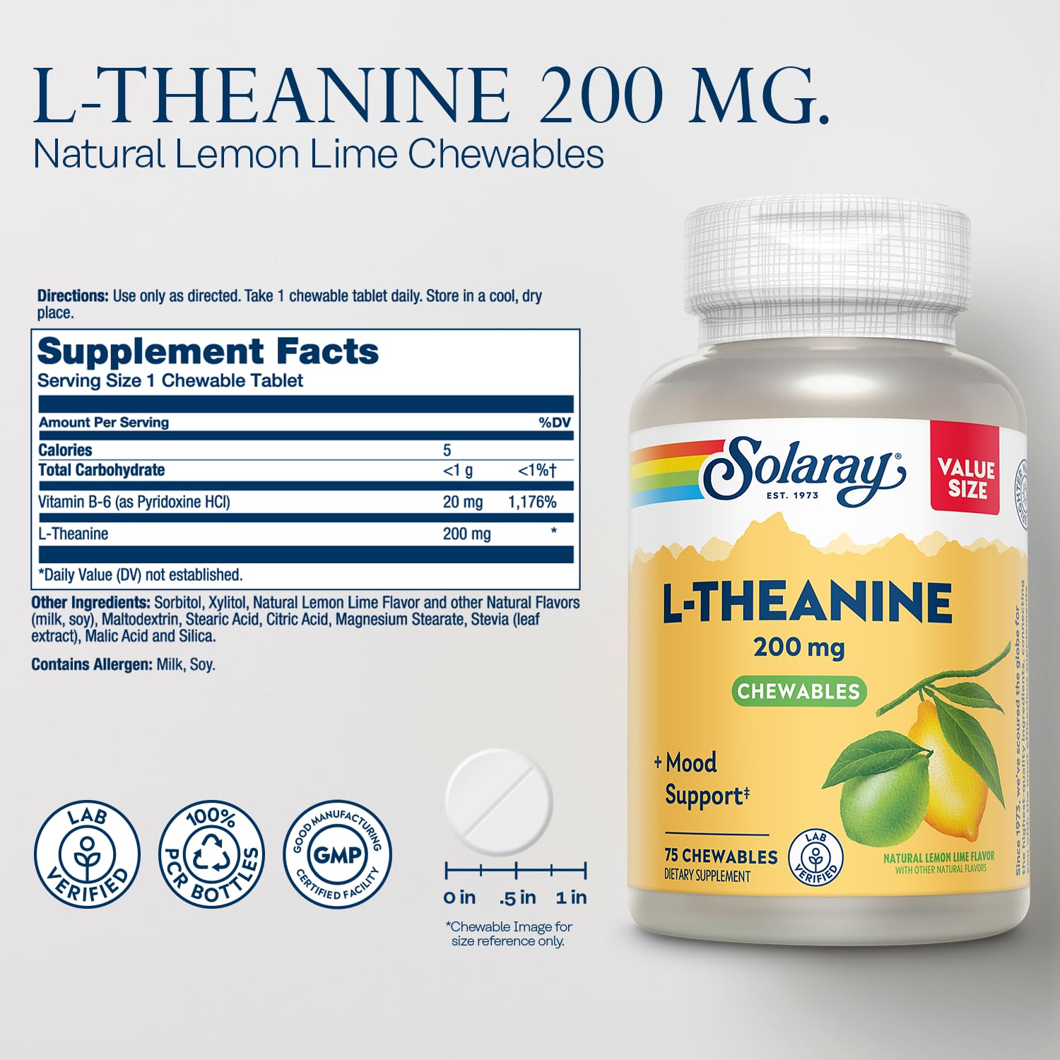 SOLARAY L-Theanine Chewable Tablets 200mg bottle side view