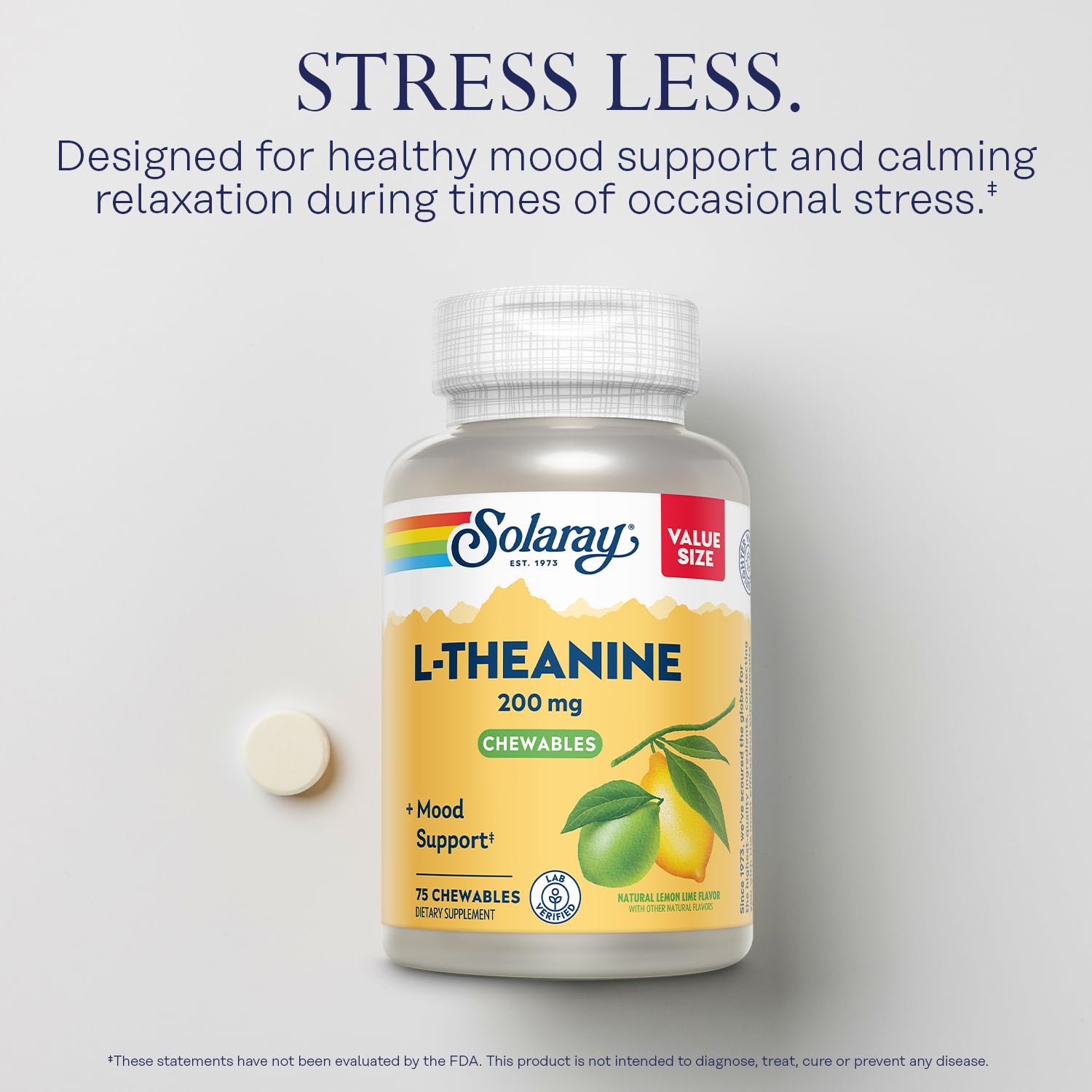 SOLARAY L-Theanine Chewable Tablets 200mg close-up of tablets